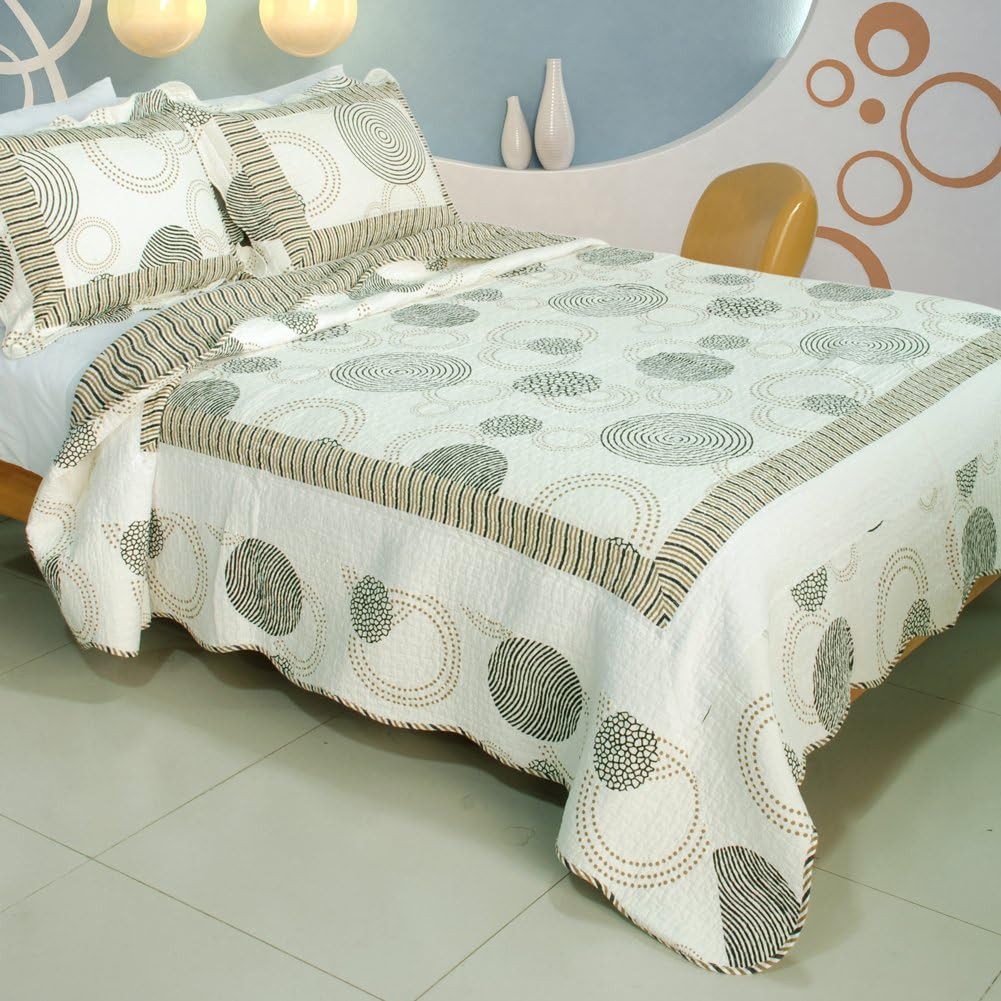 [Circle Style] Cotton 3PC Vermicelli-Quilted Printed Quilt Set (Full/Queen Size)