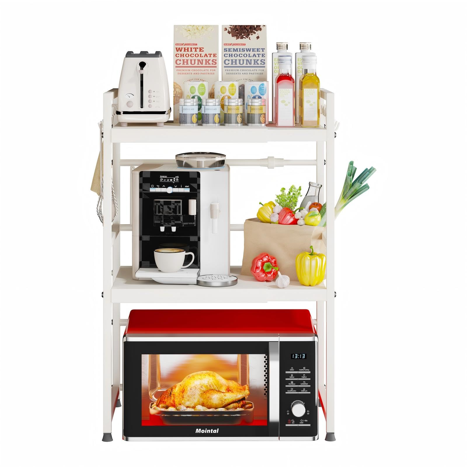 Estante Expandible para Microondas, Soporte de 3 Niveles para Microondas de Cocina, Soporte de Acero al Carbono para Microondas de Encimera, Organizador de Cocina con 8 Ganchos, Blanco