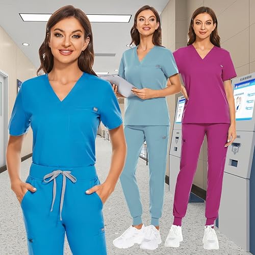Vista 5 de VIAOLI Conjunto de uniformes médicos para mujer, conjunto de uniformes médicos para mujer, camiseta con cuello en V y pantalón deportivo