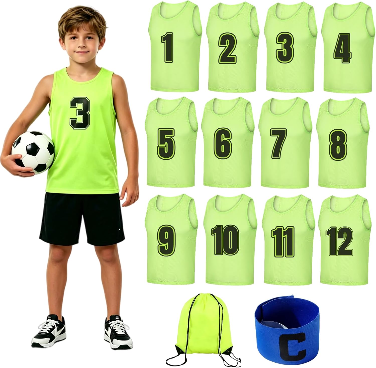 TOEPODO Pinnies Set of 12 Pack Scrimmage Vests Soccer Bibs Team Practice Pinnies with Drawstring Bag & Captain's Armband