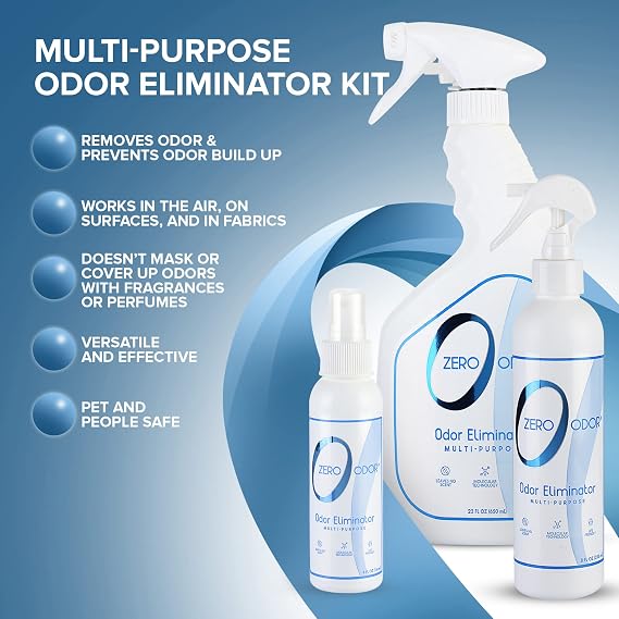 Zero Odor - Multi-Purpose Strong Odor Eliminator for Home, Office, Car, Bathroom, Hotel, Room Deodorizer, and Odor Neutralizer Kit | Odor Eliminator for Hotel, Bathroom, Basement, Trash & Upholstery, Fabric & Room Deodorizer - 22 oz, 8 oz and 4 oz