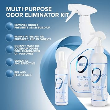 Zero Odor - Multi-Purpose Strong Odor Eliminator for Home, Office, Car, Bathroom, Hotel, Room Deodorizer, and Odor Neutralizer Kit | Odor Eliminator for Hotel, Bathroom, Basement, Trash & Upholstery, Fabric & Room Deodorizer - 22 oz, 8 oz and 4 oz