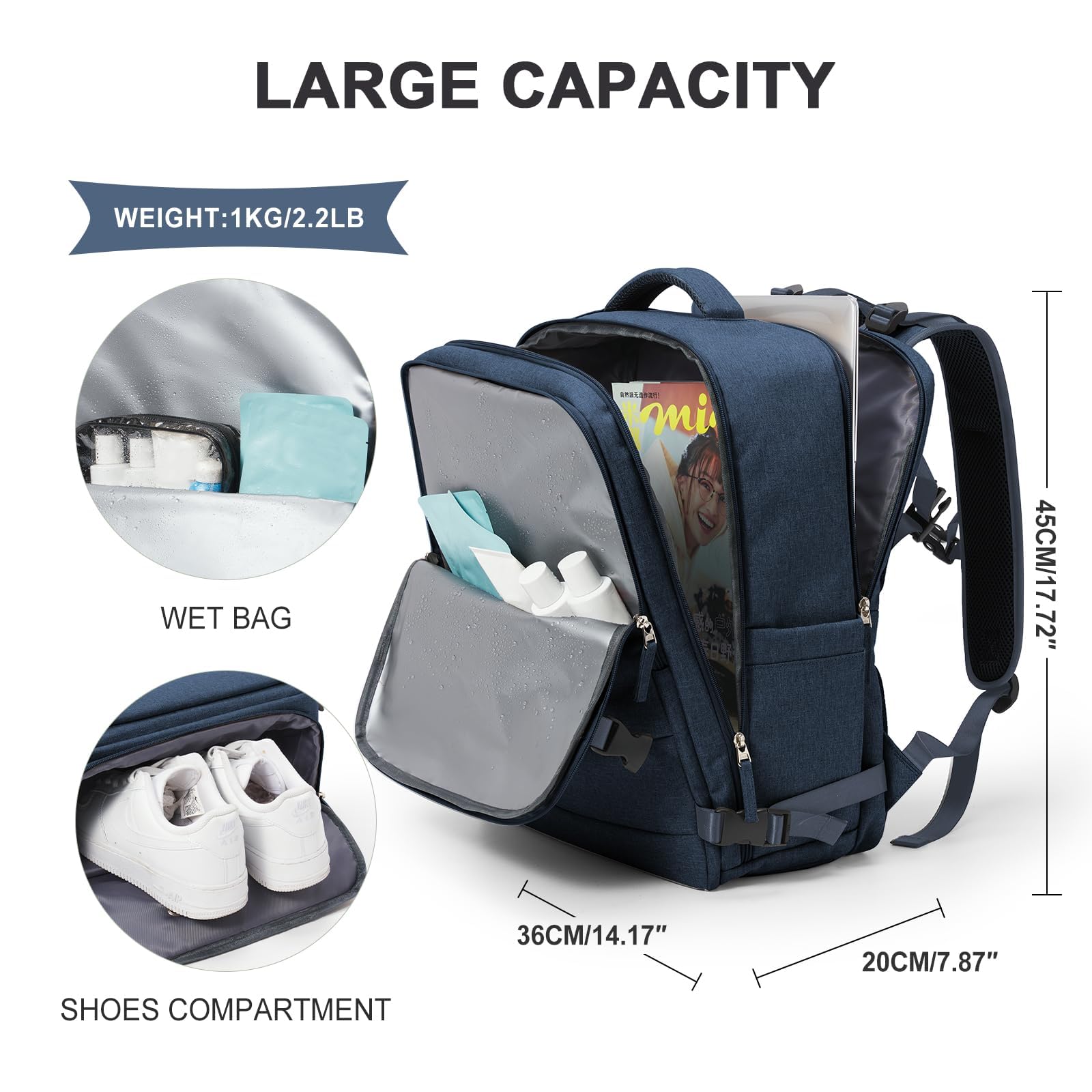 SZLX Zaino Ryanair 40x20x25 Donna Zaino da Viaggio Bagaglio a Mano 20L Uomo Borse da cabina 45x36x20 Easyjet Travel Backpack Adatto a laptop da 14 Pollici con scomparto per scarpe per Lavoro e Scuola