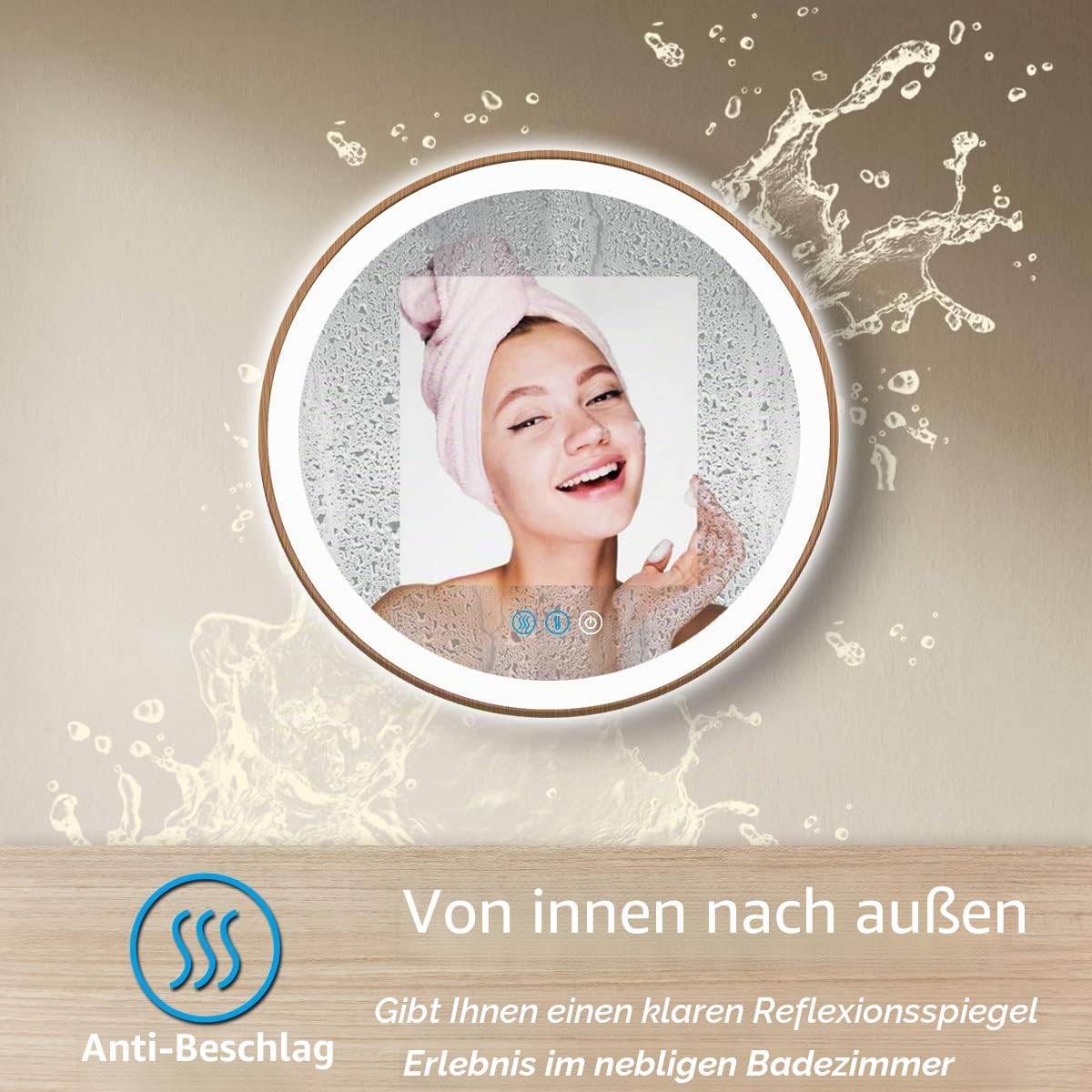 Holzrahmen, runder LED-Badezimmerspiegel mit Lichtern, 50.8 cm, Holz, rund, beleuchtet, Spiegel für Badezimmer, Wand, Schminktisch, Badezimmer, intelligenter Kreisspiegel