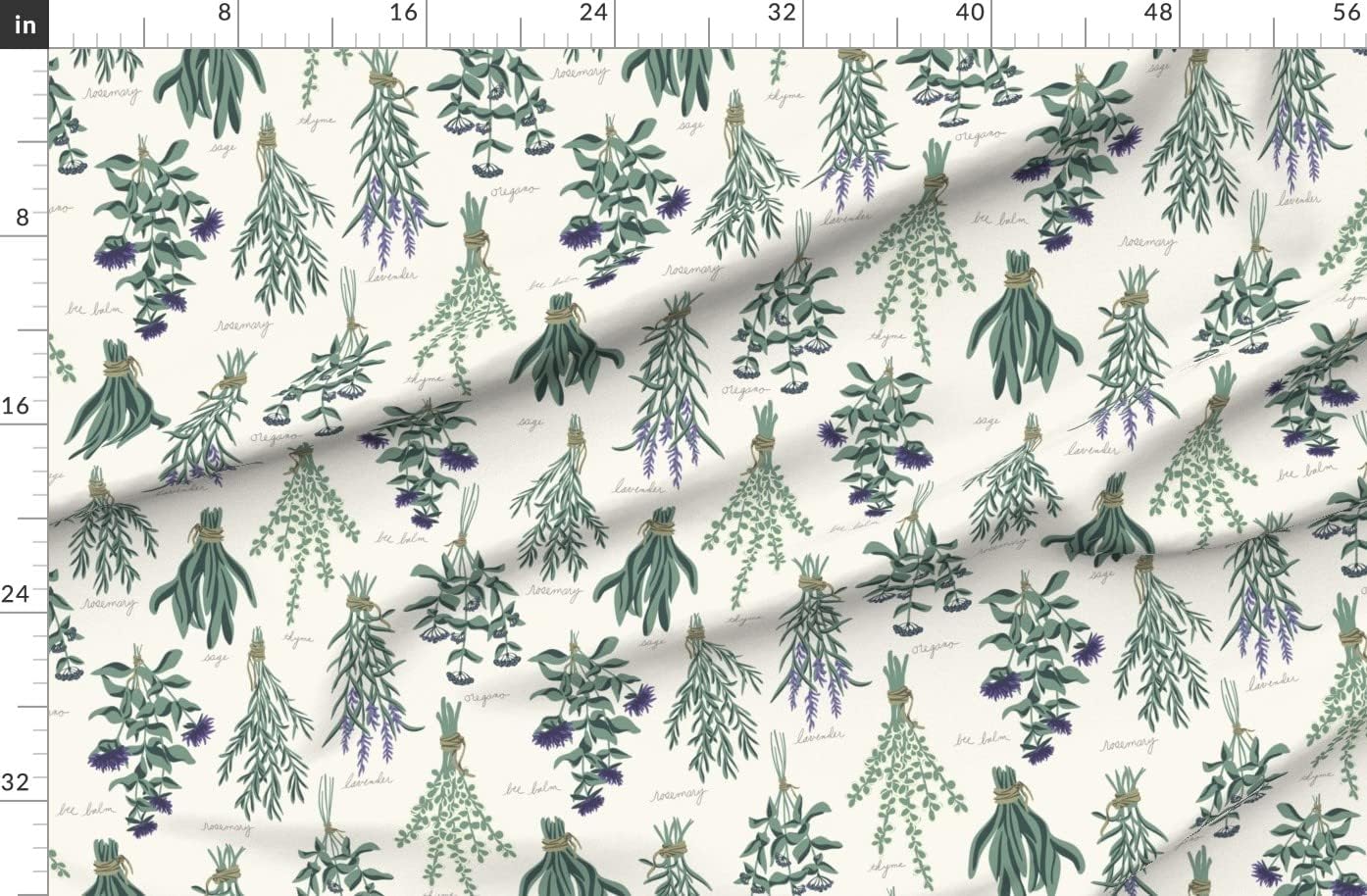 Spoonflower Fabric - Healing Herbs Garden Aromatherapy Cooking Baking Cream Green Printed on Organic Cotton Sateen Fabric by The Yard - Sewing Quilting Apparel Home Decor