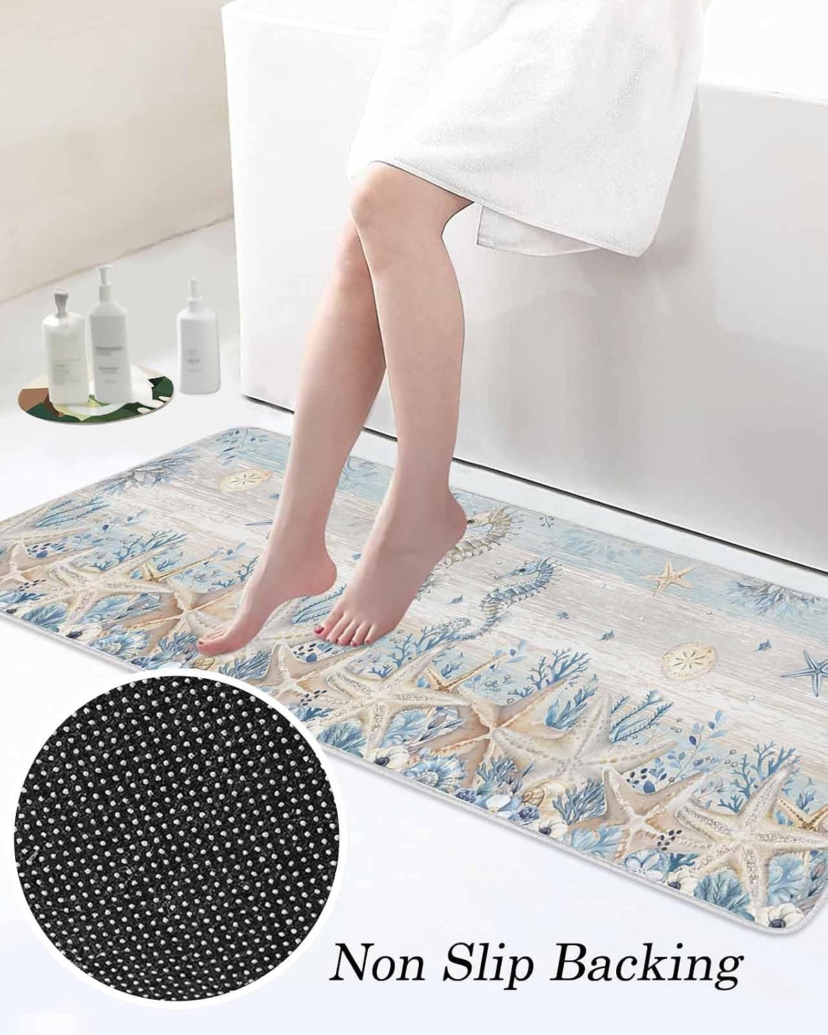 Marine Life Kitchen Mats Set of 2 Ocean Seahorse Coral Starfish Seashell Coastal Wooden Non Slip Mat Washable Floor Rug for Kitchen Sink Floor Laundry, 15.7"x23.6"+15.7"x47.2"