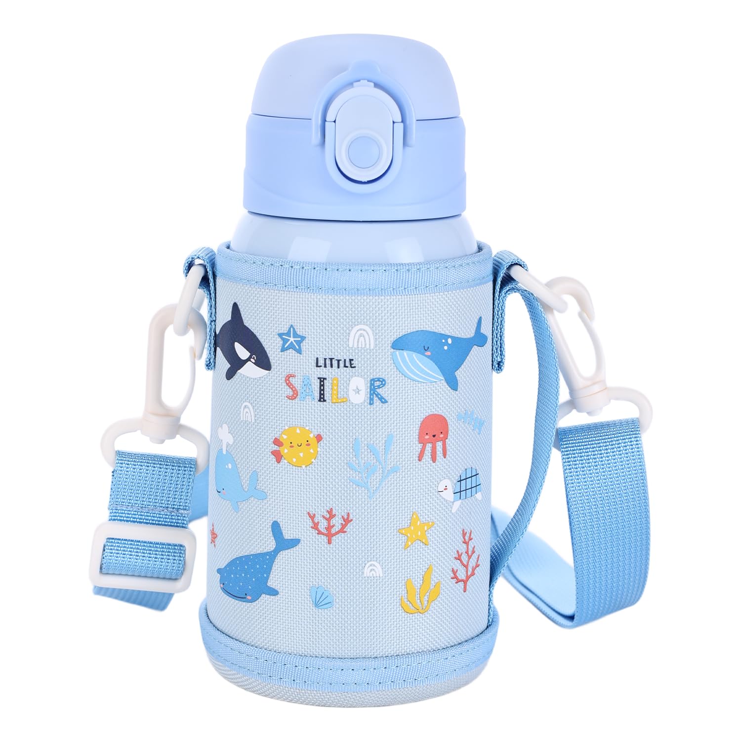 SANTECO Kinder Thermosflasche 550ml, 316L Edelstahl, Auslaufsicher, BPA-frei, Strohhalm, Vakuum-Isoliert, Für Schule & Kindergarten (Sea World)