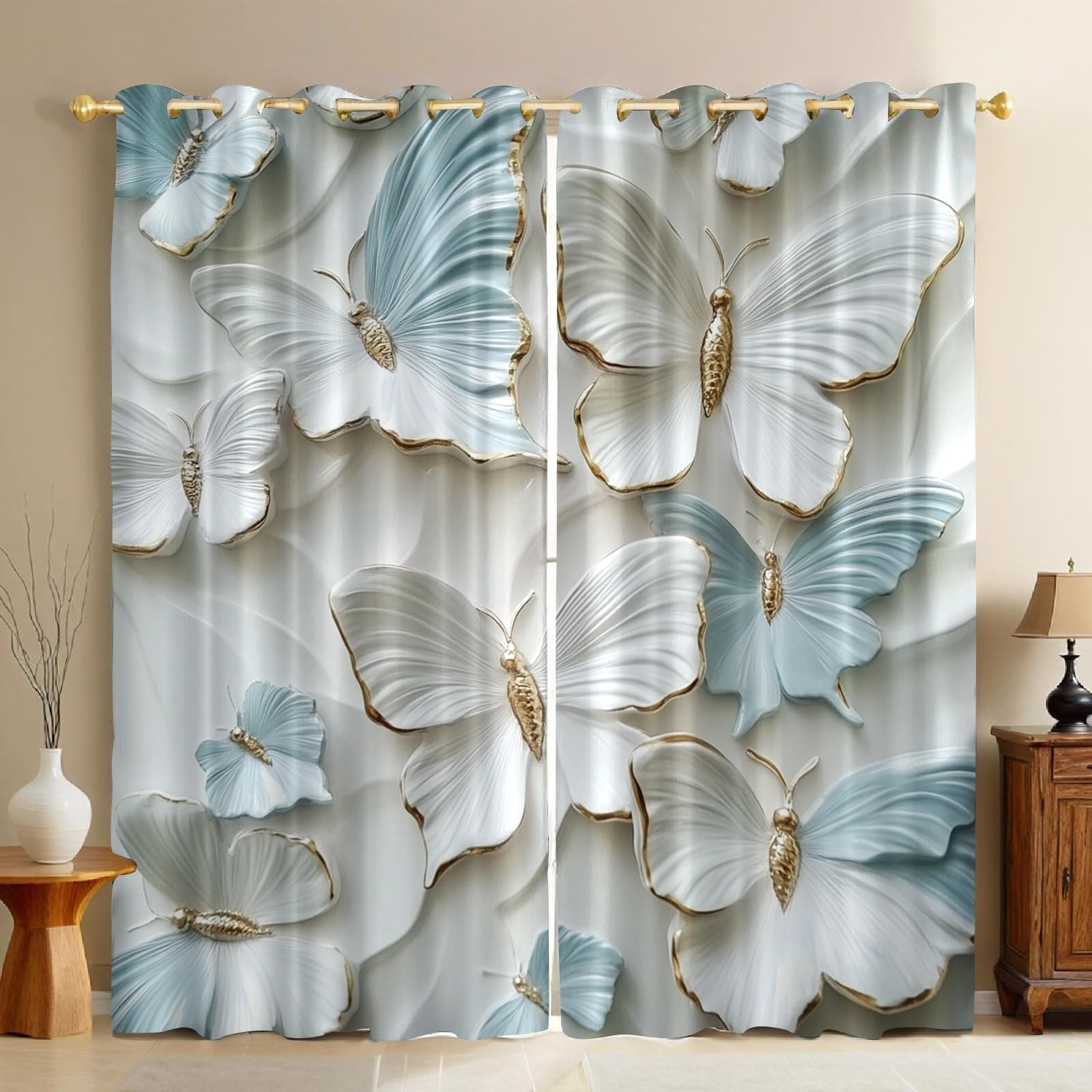 Rideaux occultants thermiques blancs motif papillon 140x245cm | Lot de 2