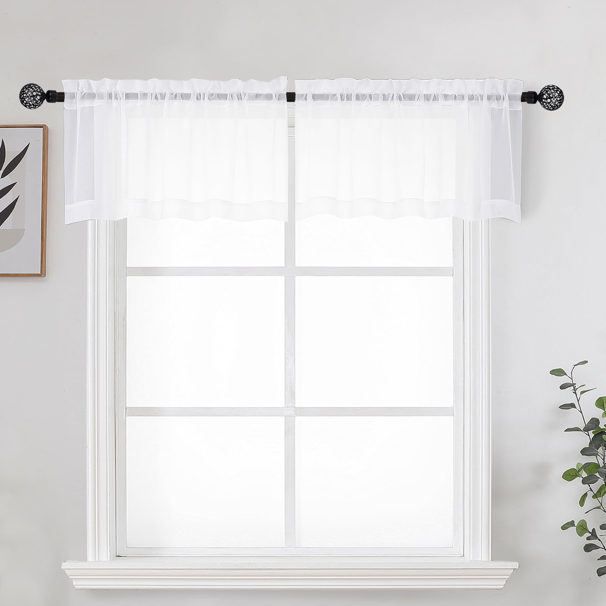 White Sheer Curtains for Kitchen Valance Set of 2, Small Short Modern Rod Pocket Voile Valance Curtain Window Treatment Decor for Living Room Bathroom Cafe Laundry Basement, 42" W x 14" L