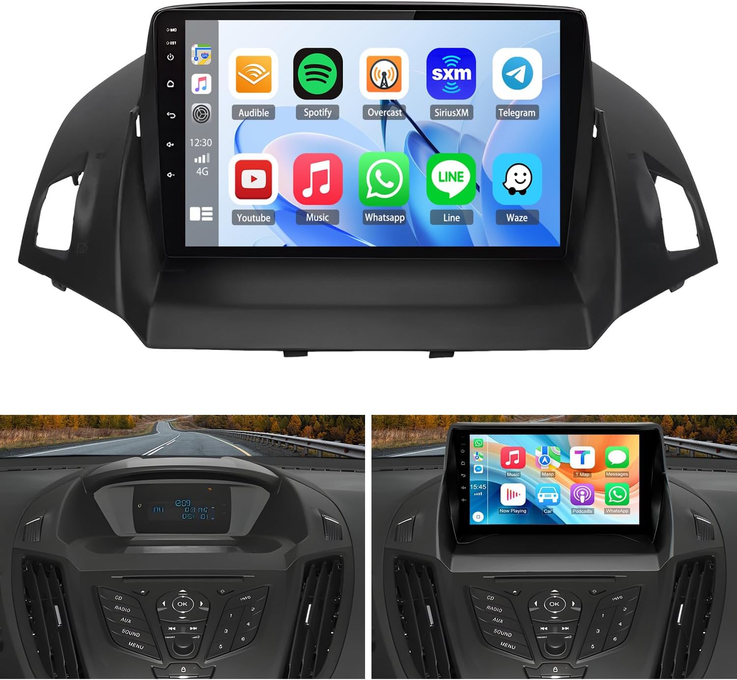 4G+64G Car Stereo Radio for Ford Escape 2013-2016 9inch Touchscreen Car Audio Receiver with Wireless Carplay Android Auto Support WiFi GPS Navigation Bluetooth FM SWC 32EQ AHD Backup Camera Mic