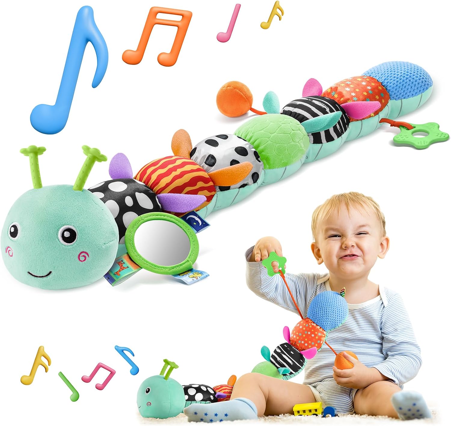 HEMRLY Musical Stuffed Caterpillar Toys with Teether and Baby Mirror