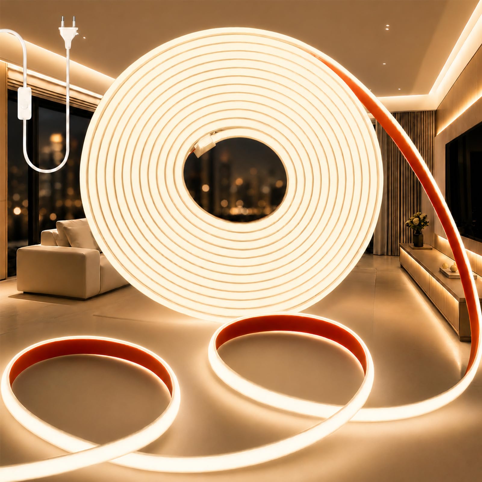 230V COB LED Streifen LED Strip Wasserdicht IP65 Selbstklebend Leiste Aussen Schlauch Lichtleiste Band 320LEDS/M Outdoor Lichterschlauch mit Netzteil für Innen Außen Warmweiß 20M