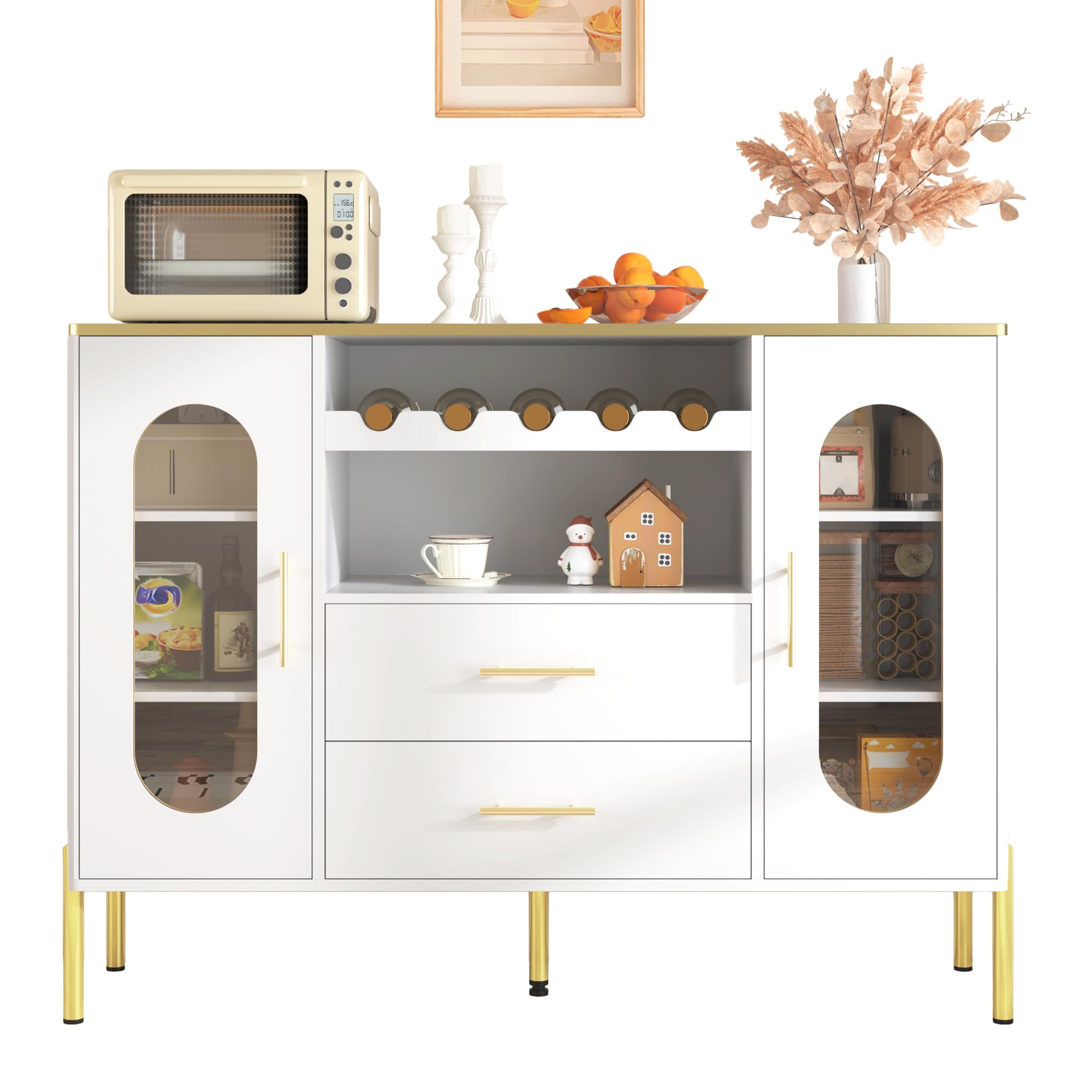 Buffet de salle à manger, buffet, 120 cm, blanc, avec façades en verre et étagère à vin, poignées et pieds dorés, pied réglable en hauteur, armoire de rangement moderne avec 2 tiroirs, pour salon
