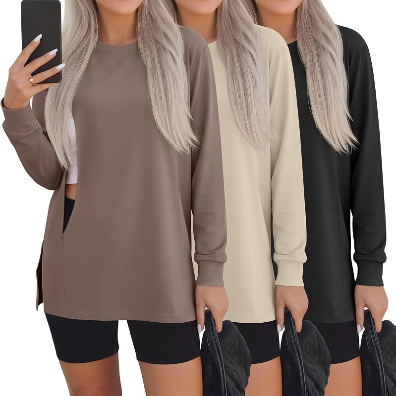 Ficerd 3 Pack Women's Nursing Tops for Breastfeeding | 3 Pack, Soft Fabric, Hidden Zipper Nursing, Long Sleeve, Loose Fit, Side Splits, Maternity, Everyday Wear