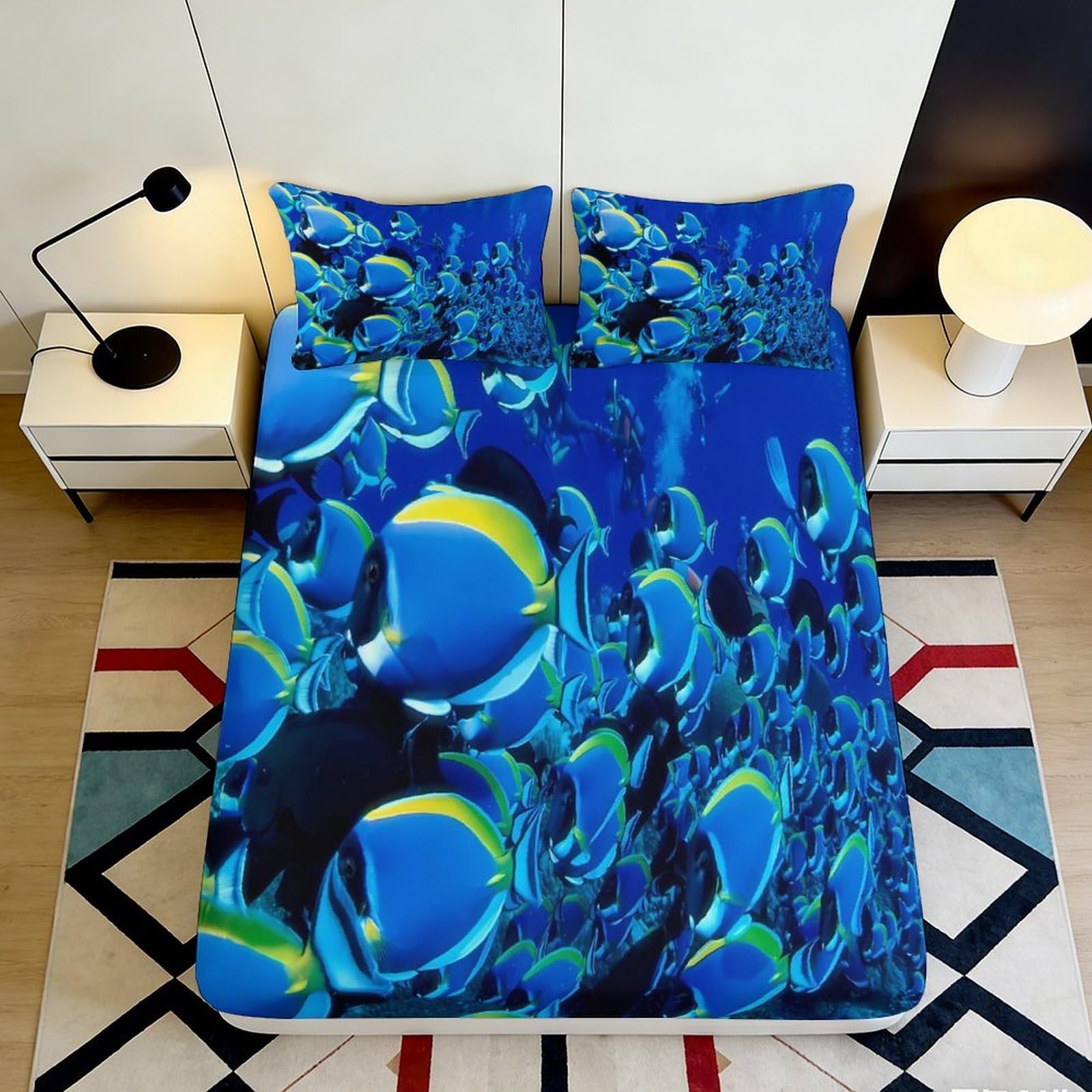3D Printed Tropical Fish Fitted Sheet Microfiber Blue Ocean School Mattress Cover for Bedroom Dorm Mattress Protection Decor 180x200x25cm