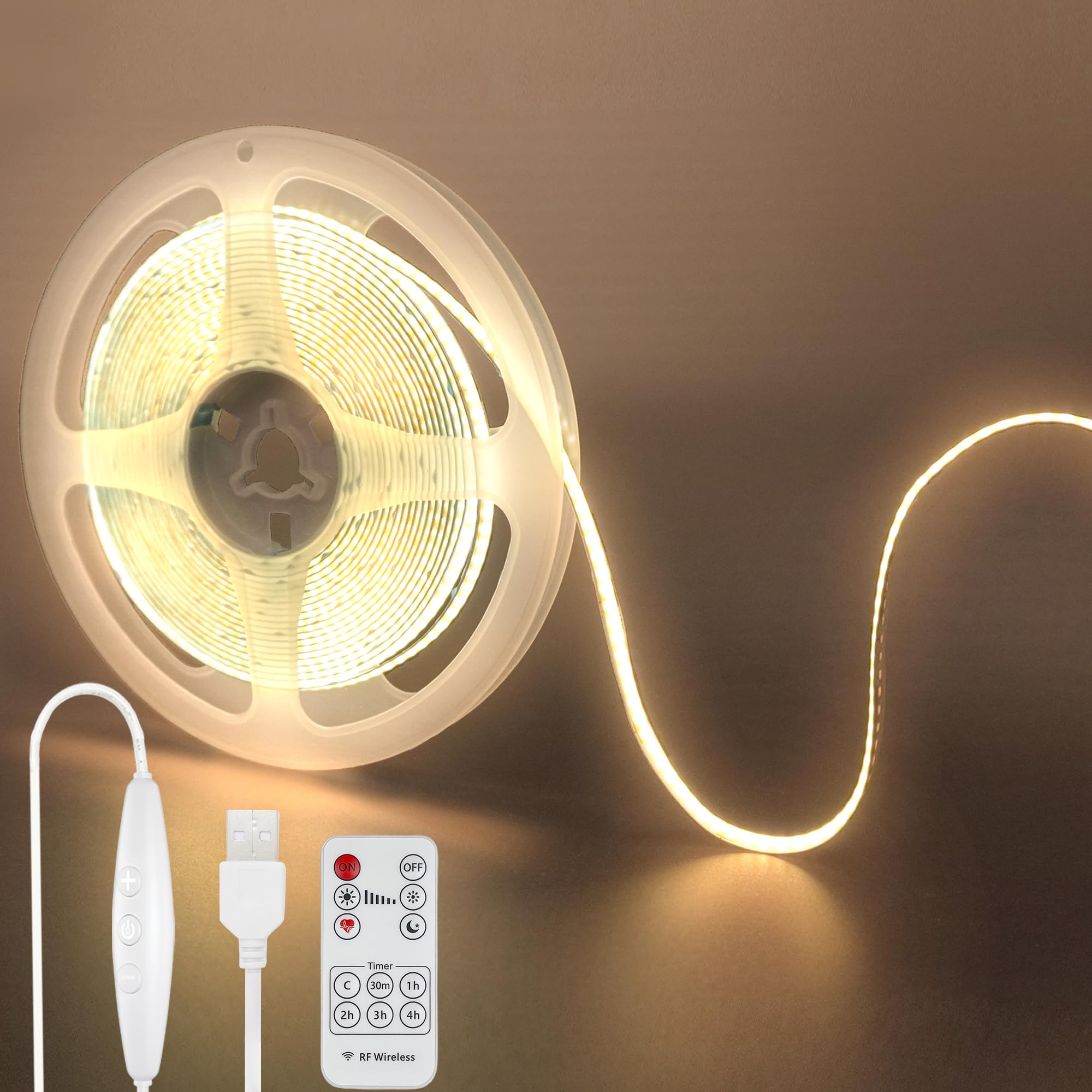 Clearhill 5V USB COB LED Strip Lights with Remote Dimmable Switch 2packs,6.56FT/2M,Warm White 3000K,320LEDs/M,8mm Width,Not Waterproof IP20,1.5M USB Switch Cable,for DIY Home Indoor Decoration