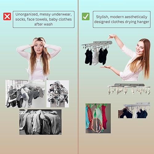 Miniatura 5 de Percha plegable para secar ropa, colgador plegable con ganchos adhesivos de montaje en pared, colgador de secado para ropa pequeña, sin taladro,