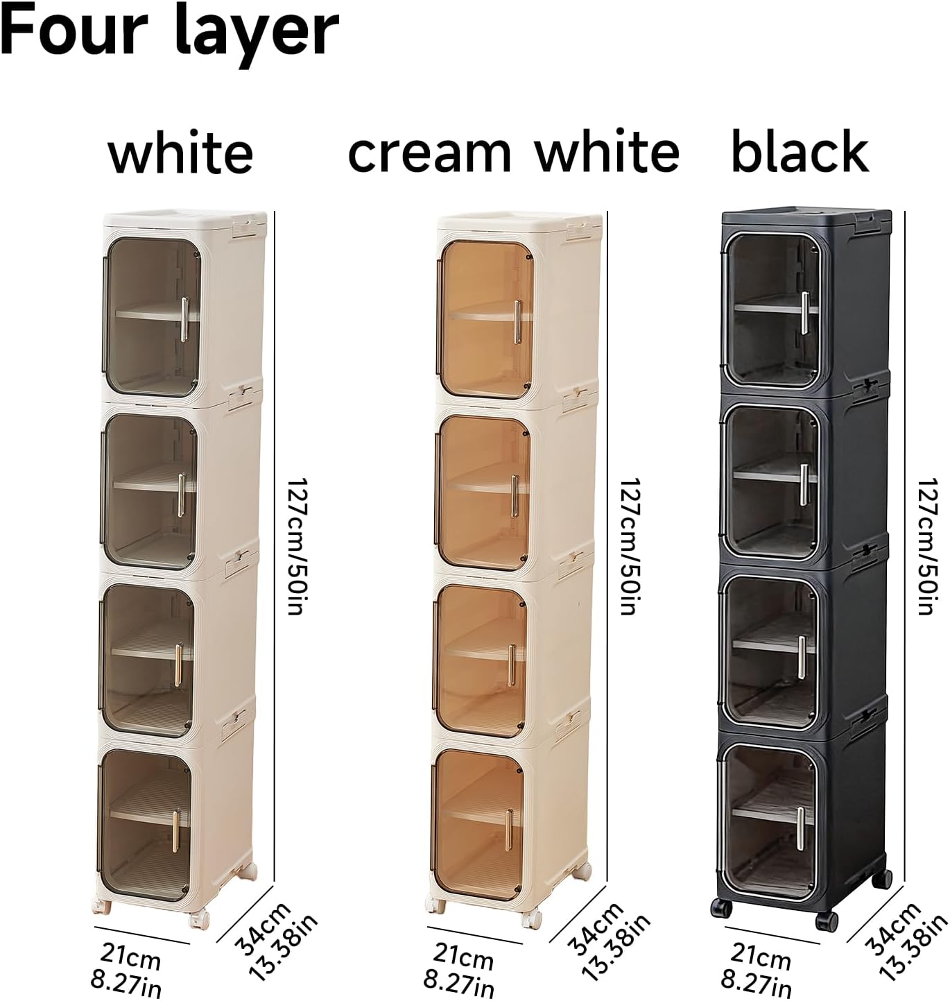 4-Tier Tall Narrow Storage Cabinet- Plastic Slim Bathroom Storage Organizer with Magnetic Doors,Adjustable Shelves&Movable Wheels, Foldable Skinny Cabinet for Small Spaces,Kitchen, Black