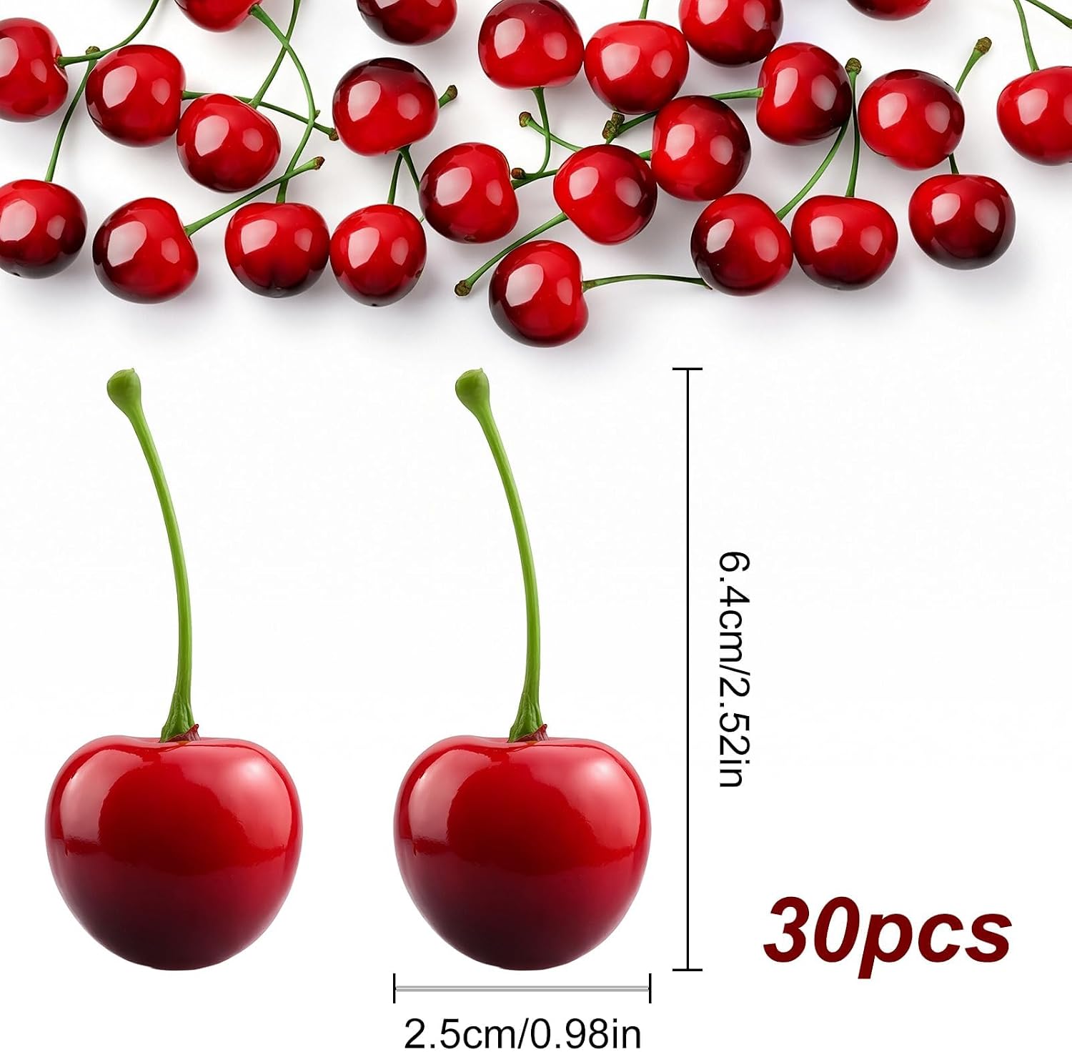 30PCS Red Artificial Cherries 25mm, Realistic FakeCherry Model Lifelike Fruit Cherry for Photography Props, Cherry Simulation Model for Wedding Party Table Centerpiece, Faux Fruits