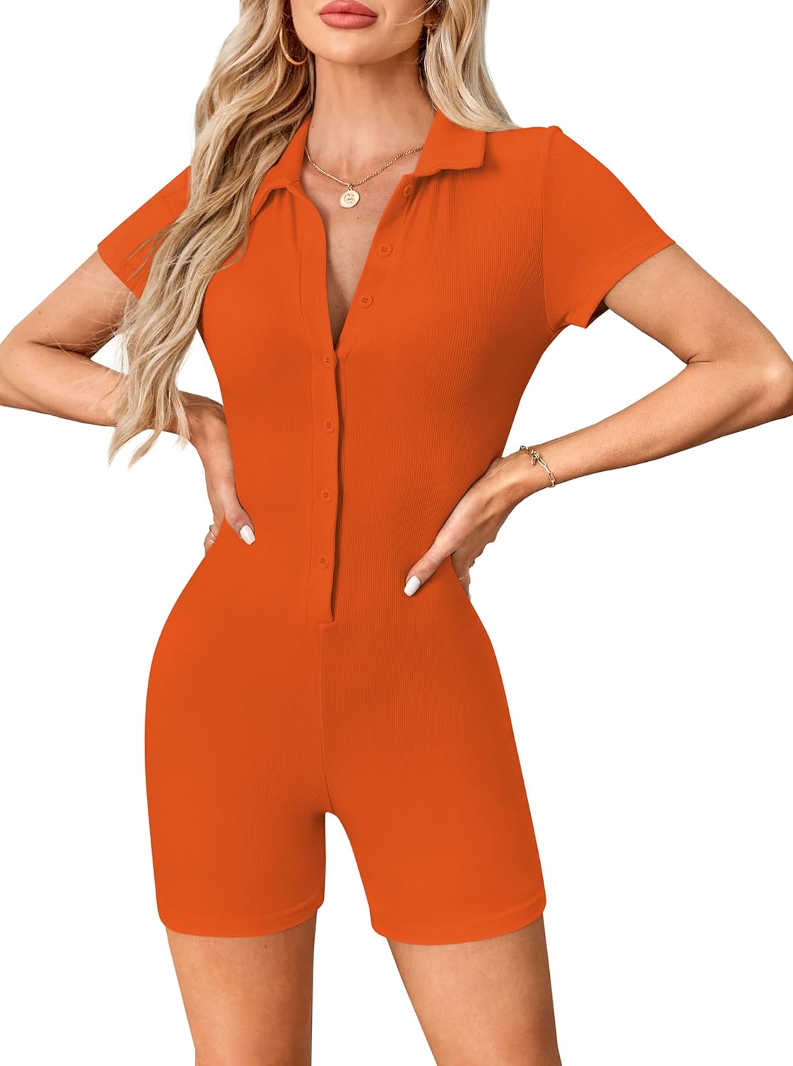 LilyCoco Womens Button Up Bodycon Romper Shorts Short Sleeve Collared Sexy One Piece - Image 6