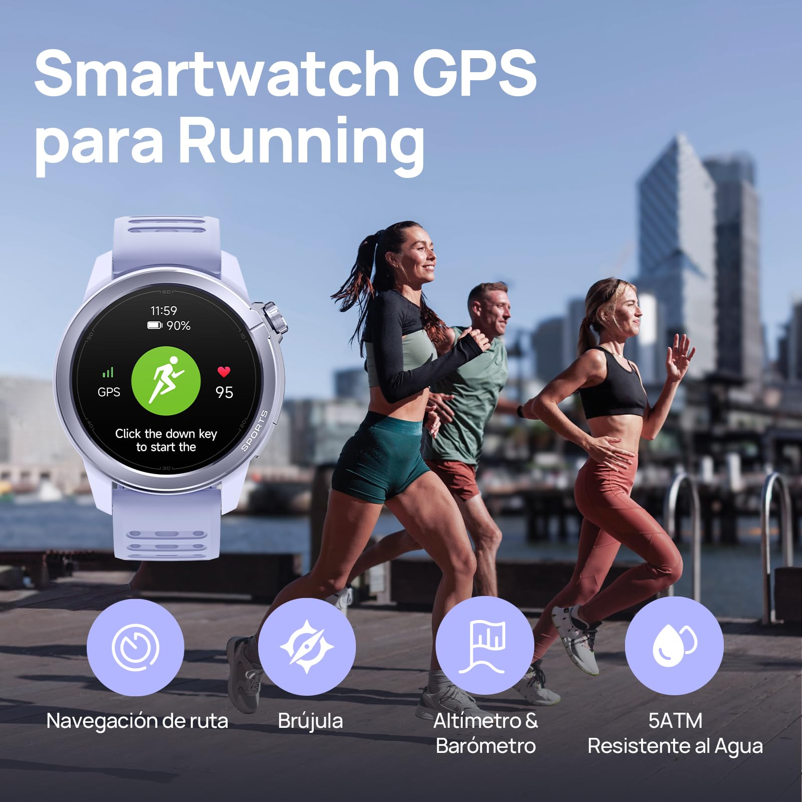 Mibro GS Active2 Smartwatch para Padel con 39,68g Ultraligero, Reloj Inteligente para Running con GPS, Llamadas Bluetooth, Impermeable 5ATM, 150 Modos Deportivos, Compatible con Android & iOS, Lila