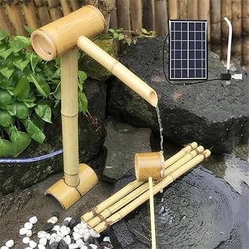 Handmade Freestanding Bamboo Fountain Kit, Solar-Powered Zen Garden Water Feature, Feng Shui Outdoor Waterfall, Japanese Bamboo Stream Ornament, for Patio, Yard, Pond