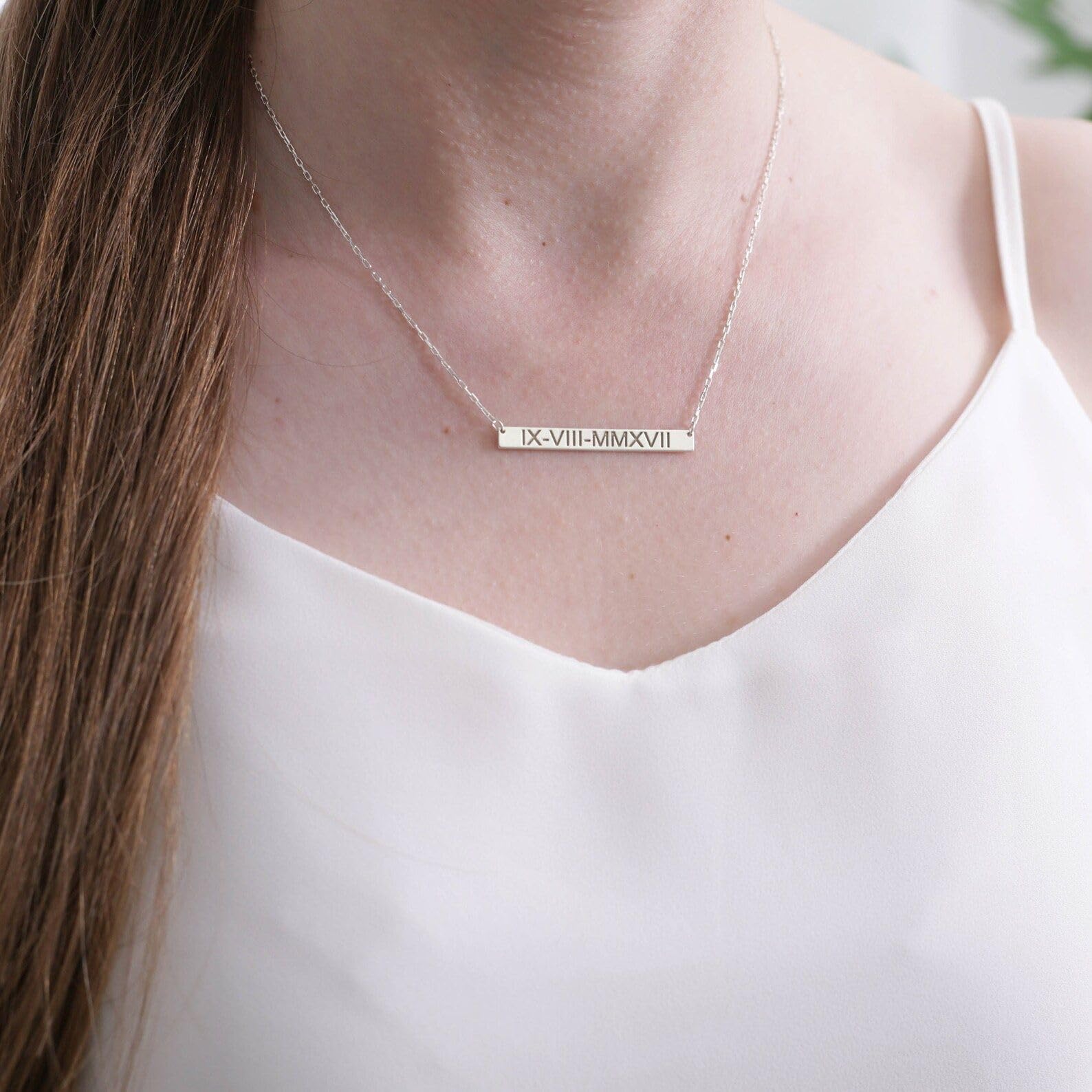 Personalizado plata de ley números romanos barra collar grabado boda fecha joya aniversario Día de la Madre