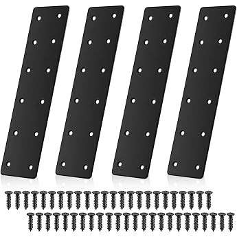 Pack of 4 Stainless Steel Flat Connectors Black Metal Connectors Flat Iron Perforated Connecting Plates Perforated Plates Wood Connectors for Connectors Wood Furniture Repairs with 48 Screws Furniture DIY Projects