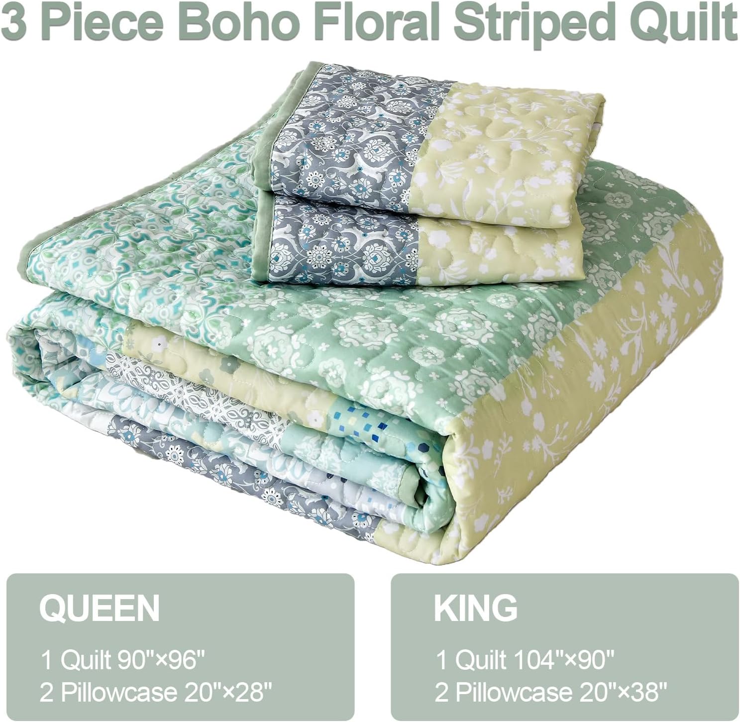 WONGS BEDDING Boho Quilt Set Queen, Sage Green Bohemian Striped Patchwork Bedspread Coverlet Set with 2 Pillowcases,Lightweight Microfiber Floral Bedding Set 96"×90" - Image 6