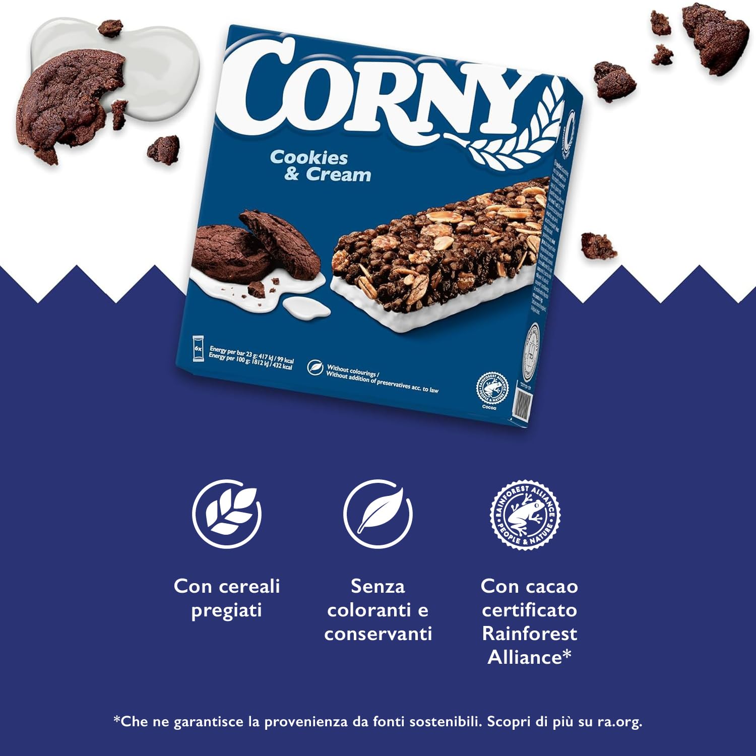 Corny Original 60 Barrette Cereali Cookies & Cream, 10x6x23g | Zero conservanti, senza olio di palma, snack merenda, colazione, gusto biscotto e crema, scuola, in famiglia