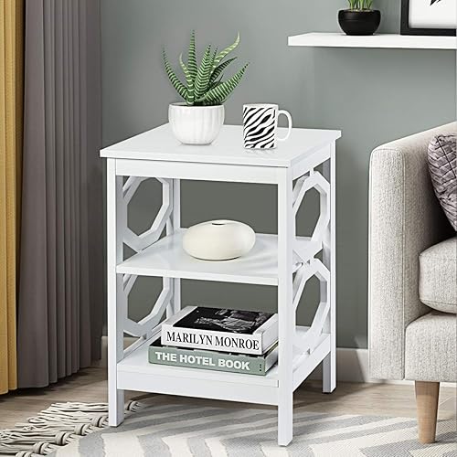 Miniatura 11 de Giantex Mesita de noche de 3 niveles, mesa auxiliar Omega con estantes de almacenamiento, estructura estable, mesas de noche versátiles, mesa