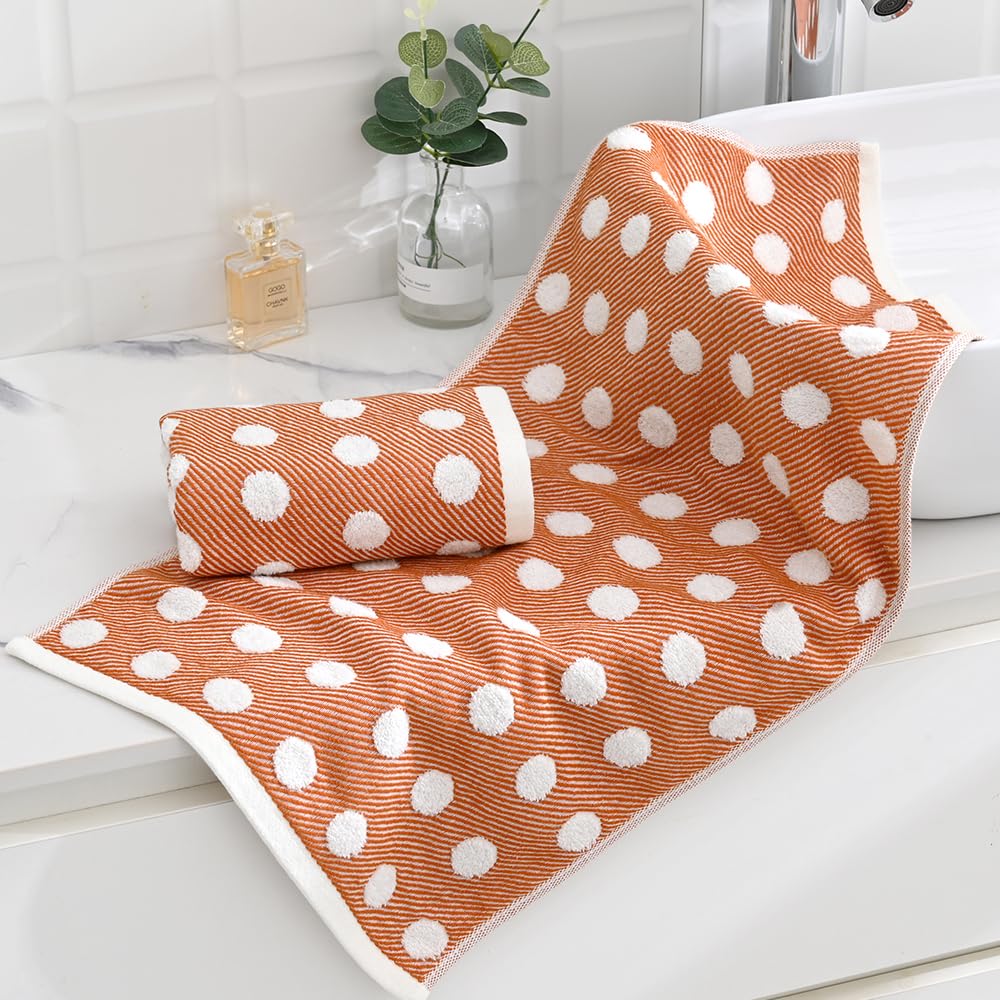 sense gnosis Orange Hand Towel Set of 2 Super Soft 100% Cotton Absorbent Jacquard Striped Pattren Lint Free White Terry Polka Dot Bath Hand Towels for Bathroom Yogo - Image 2