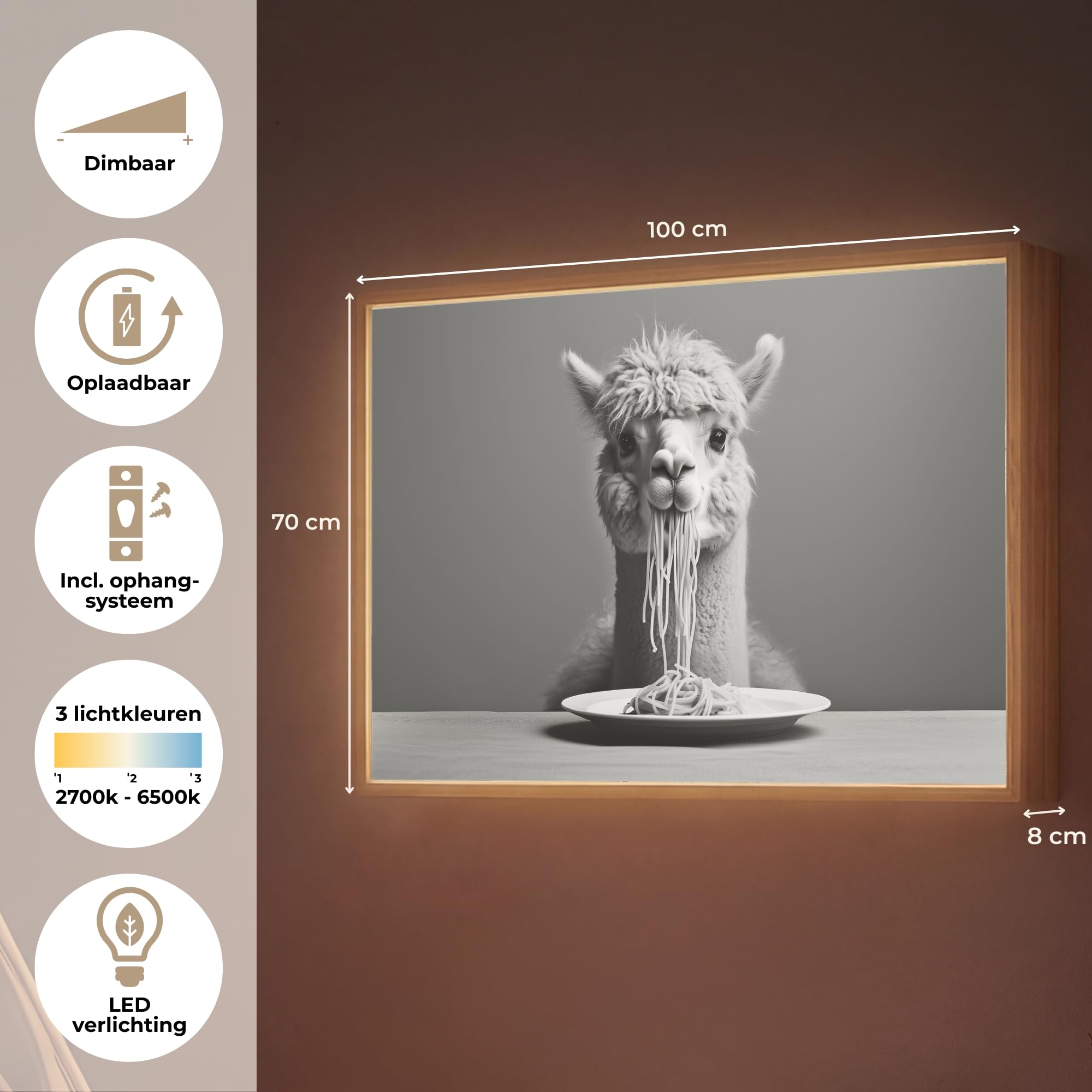 Wandleuchte Nachtlicht 100x70 cm Aufladbar Dimmbar Innen Nachtlampe Wandmontage LED Wandlampe Nachttisch Wall Lamp Licht Wand Alpaka - Nudeln - Schwarz - Weiß - Lustig - Tiere