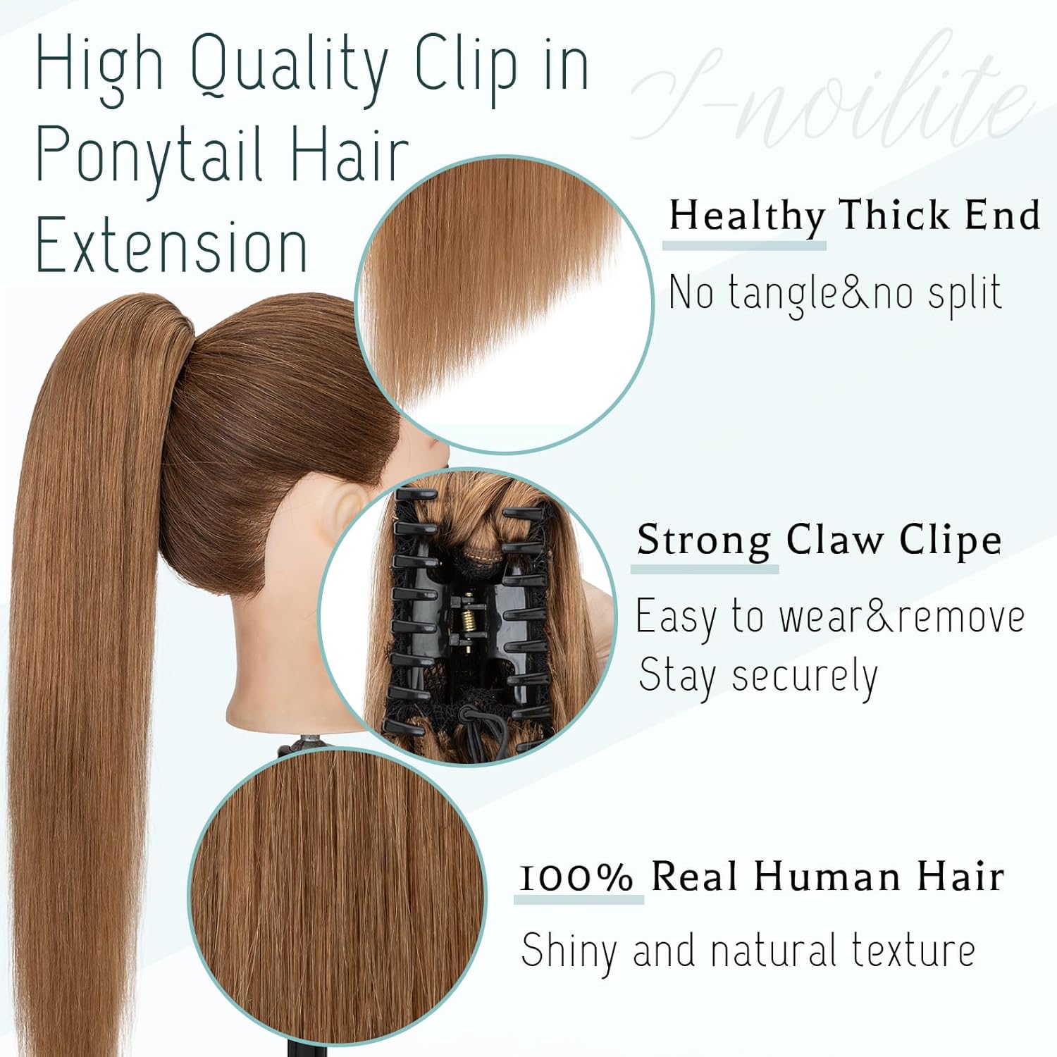 S-noilite Claw Clip Ponytail Extension Human Hair #6 Light Brown Real Remy Human Hair Ponytail Extension 18inch Long Straight Hair Pony Tails Hair Extensions For Women 115Grams