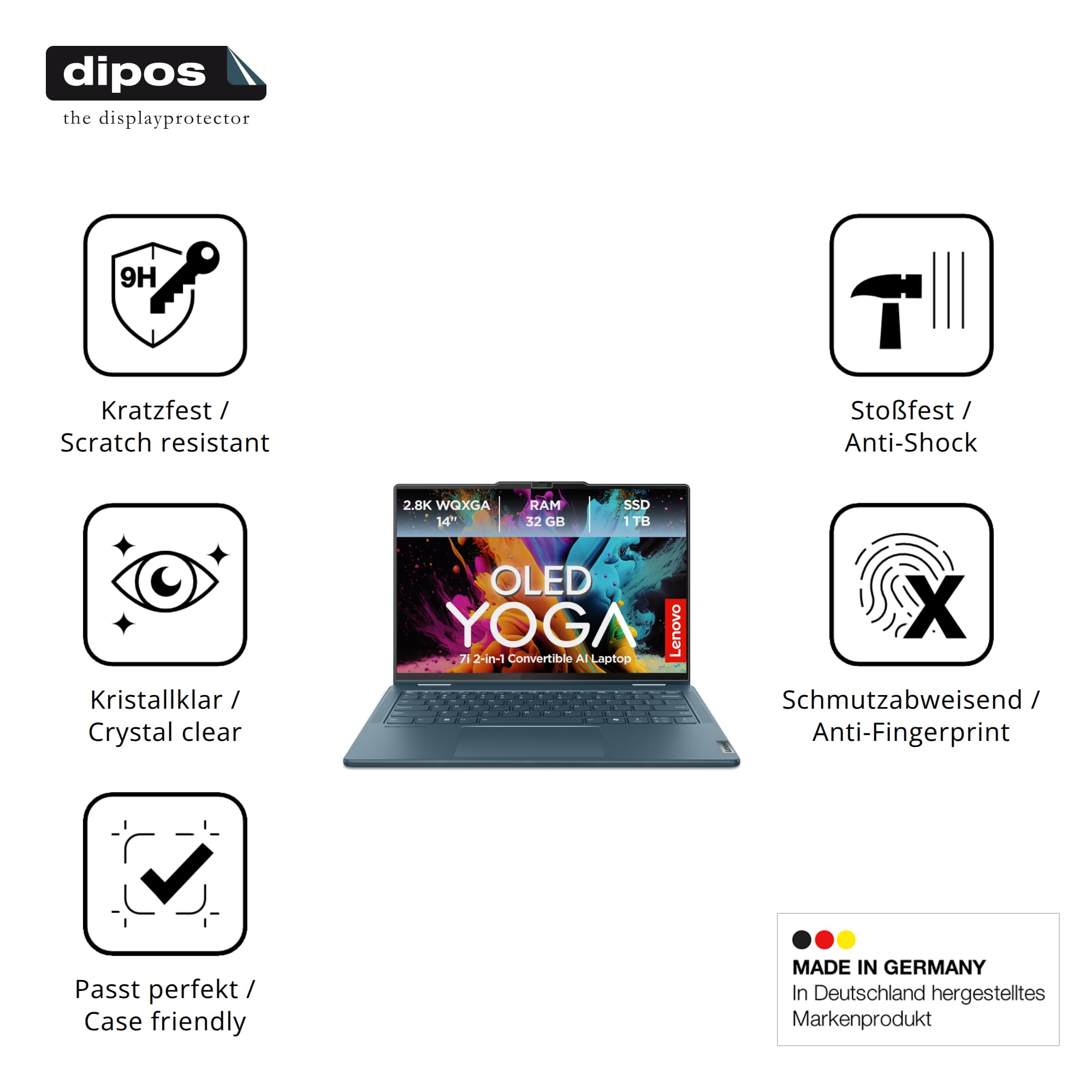 dipos 2x Pellicola Protettiva 9H per Lenovo Yoga 7i 2-in-1 Gen10 14 Zoll | Non si rompe e non si scheggia, non è vero vetro, Anti-Shock, si adatta perfettamente, antigraffio, senza bolle, autoadesiva