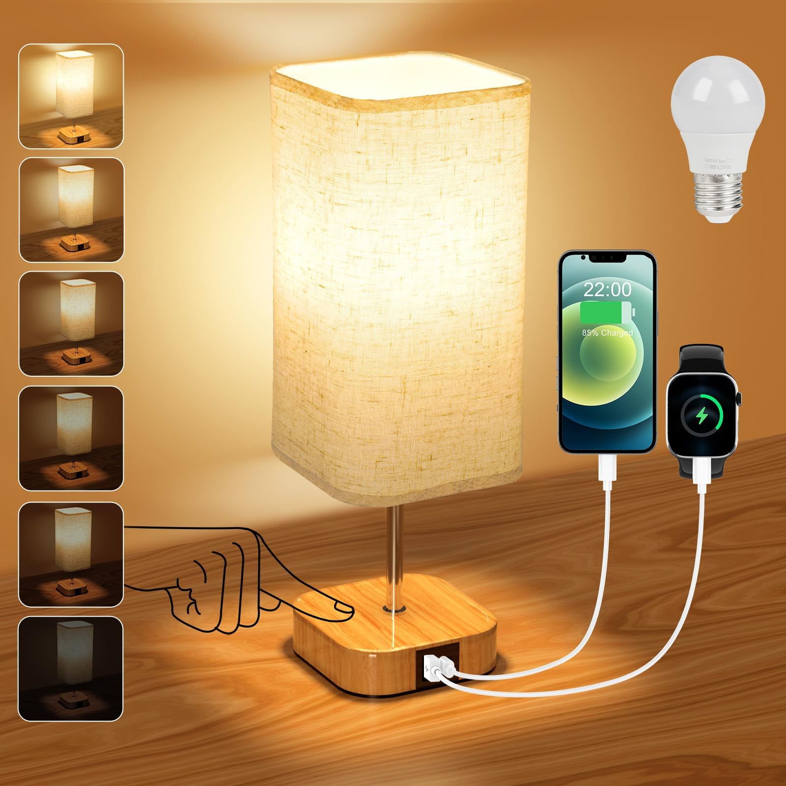 Suright Touch Control Bedside Lamps, Stepless Dimmable Table Lamp with USB A+C Charging Ports, Touch Lamps Bedside with Brightness Memory Function for Bedroom Living Room (LED Bulb Included)