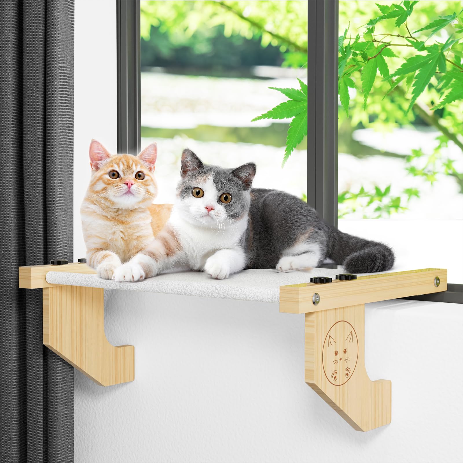 24.4" Cat Window Perch for Indoor Cats, Sturdy Cat Window Hammock Seat with Solid Wood & Metal Frame for Large Cats, Adjustable Cat Window Bed for Windowsill, Bedside, Drawer (L-White Plush)