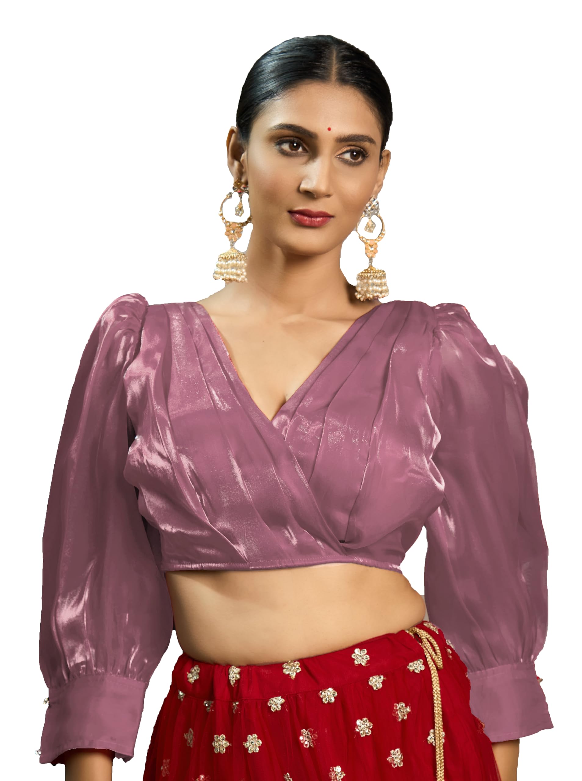 Pujia Mills Women's Rafale Silk Full Balloon Sleeve V Neck Blouse(Gangu) (Peach, 40)