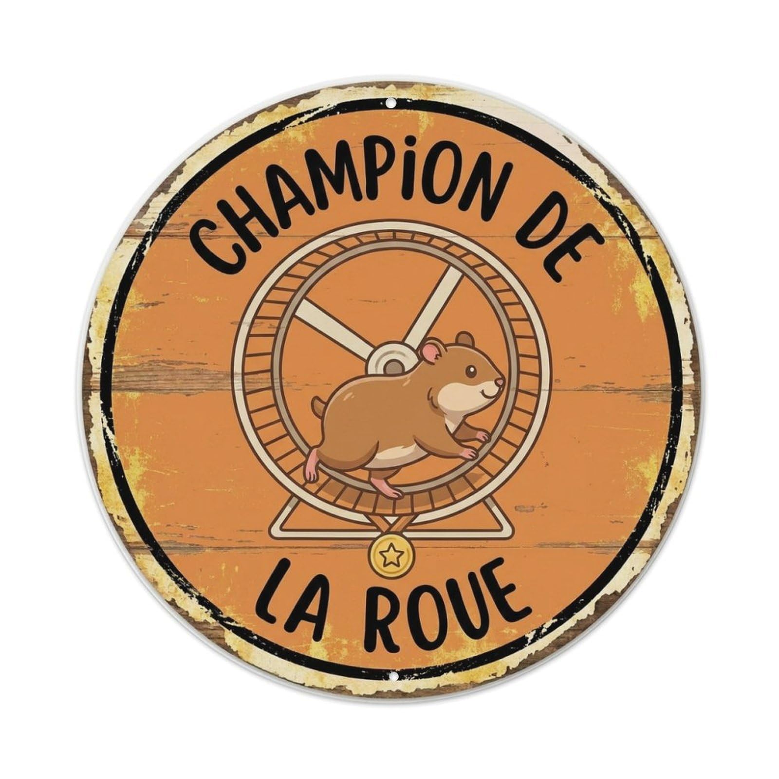 Fqcyn Style Hamster Wheel Champion Round Wall Hanging Metal Tin Sign Plaque Wall Decor For Cafe, Club Bar, Office, Home Garden Round Metal Poster 8X8inch