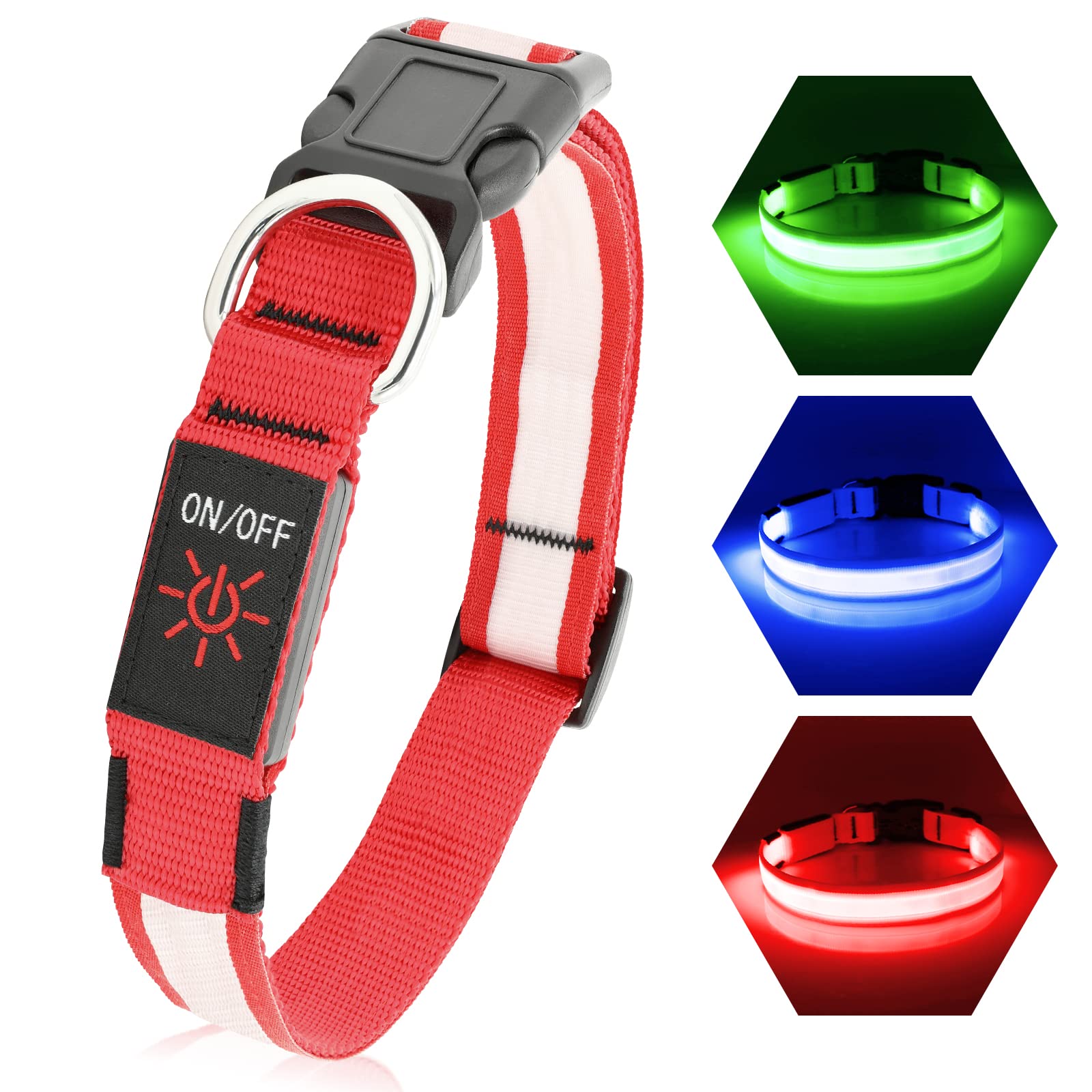 PZRLit LED Light Up Dog Collars Micro USB Rechargeable Waterproof, Full Adjustable Lighted Glow Dark Dog Collar Light for Night Walking for Small Medium Large Dogs, Red