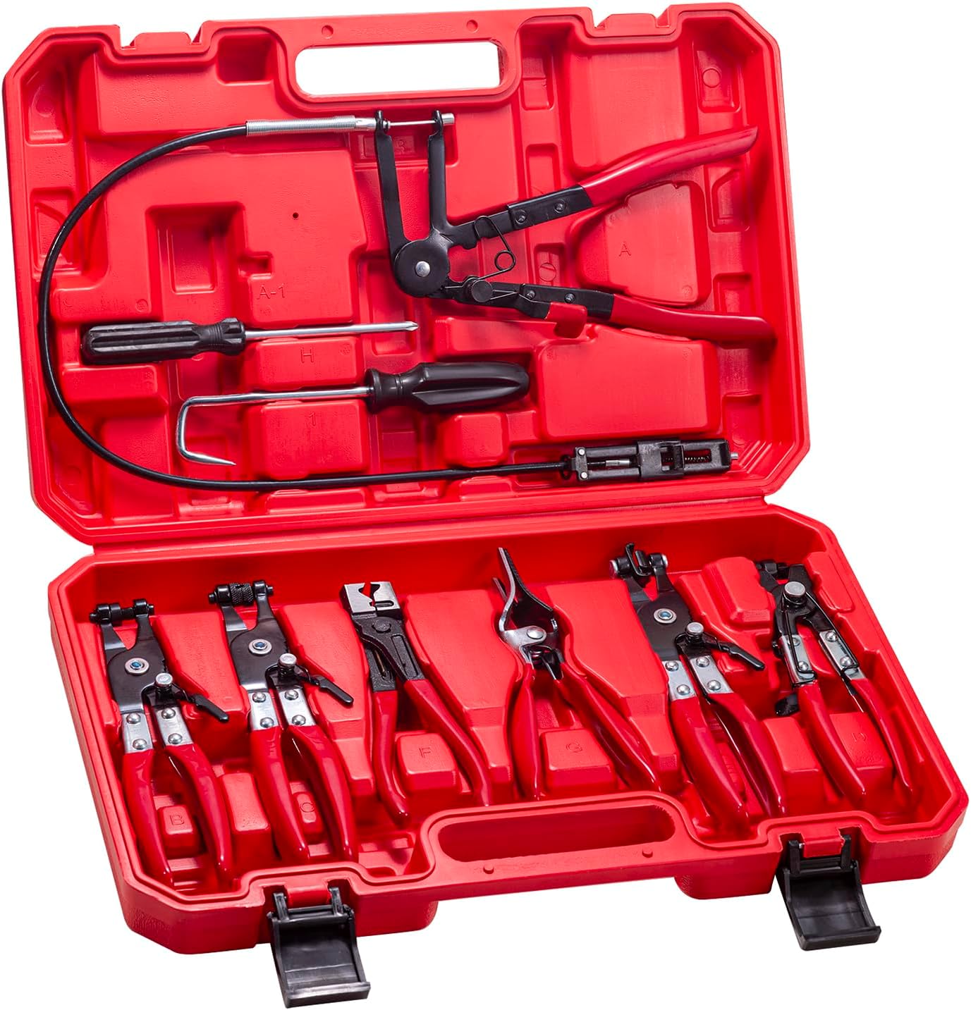 9-Piece Hose Clamp Pliers Set for Fuel Line Disconnect Tool & Water Hoses, Automotive Long Reach Hose Clamp Remover Kit with Flexible Wire Clic-R Type Swivel Jaw Flat Band Pliers