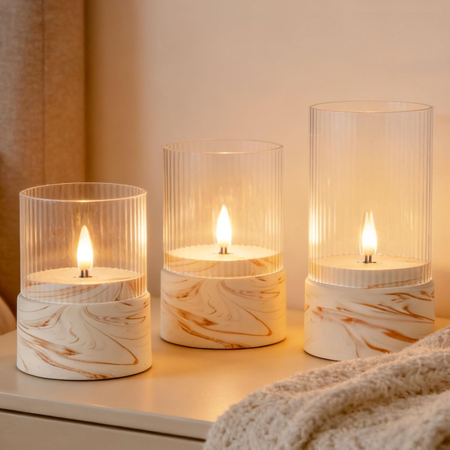 Fanna 3 Flameless LED Candles with Timer Function in Marble Texture, Battery Operated Glass Candles for Home Decor and Table Centerpieces, Gray and White Design - H 4" / 5" / 6"