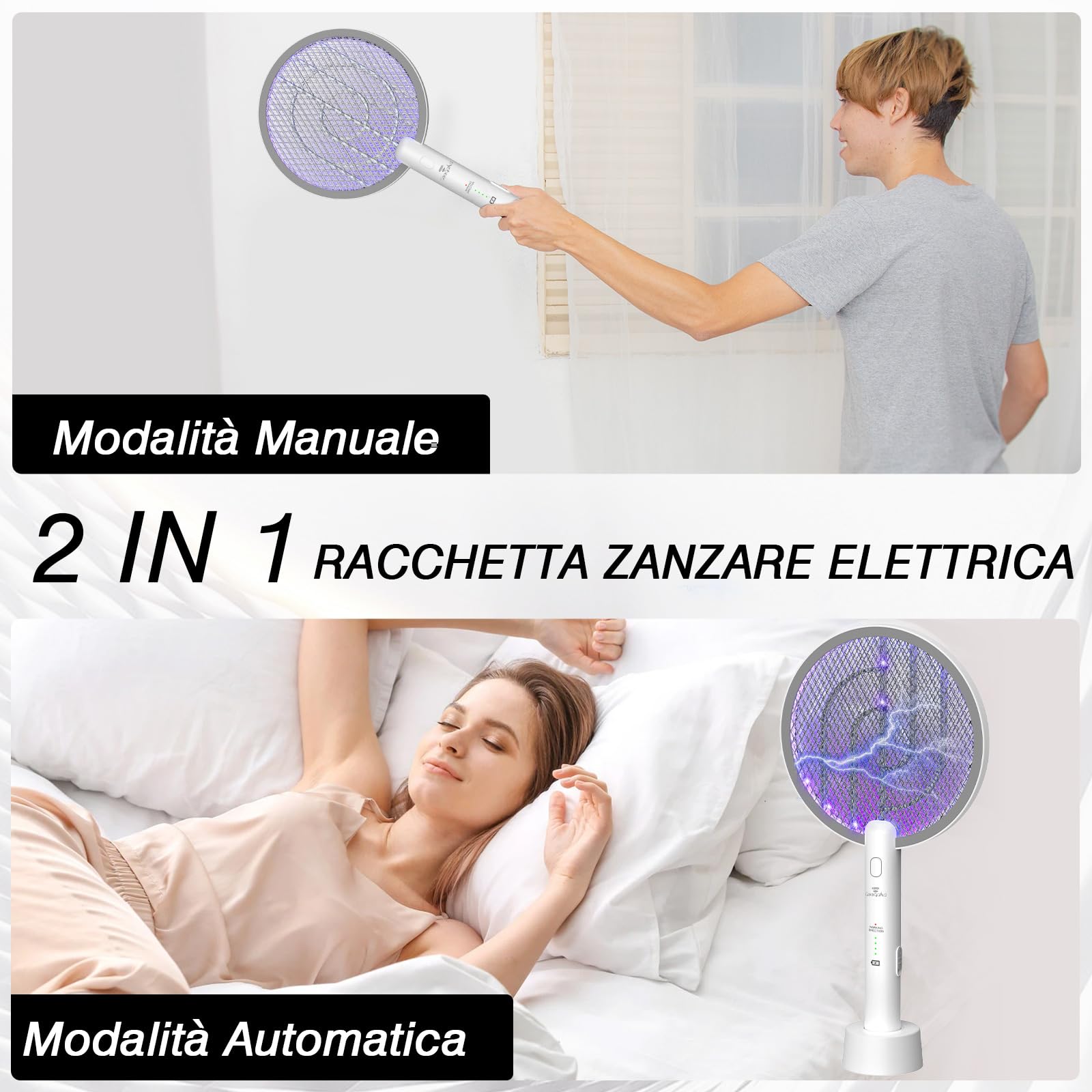 2 Pezzi LED Racchetta Zanzare Elettrica, 4000 Ricaricabile 2-In-1 Racchetta Zanzare Elettrico con USB, Protezione Maglia a 3 Strati, Adatto per Campeggio Interni ed Esterni Bianco