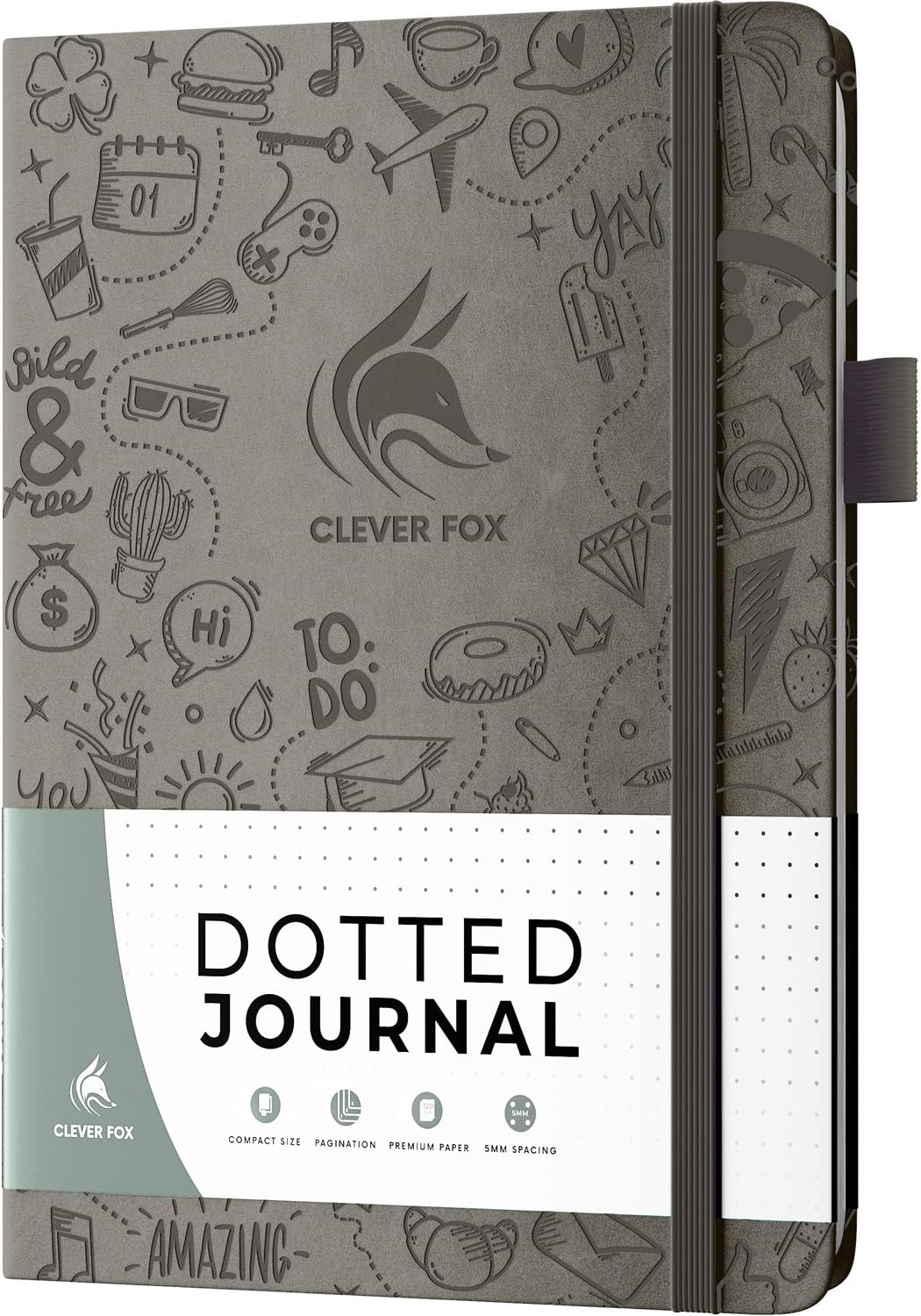Dotted Journal 2.0 – Compact Planning and Sketching Dot Grid Notebook 120 GSM Thick, No-Bleed Paper – Planner with Pen Loop, Pocket, Ribbons, Stickers A5 - Gray