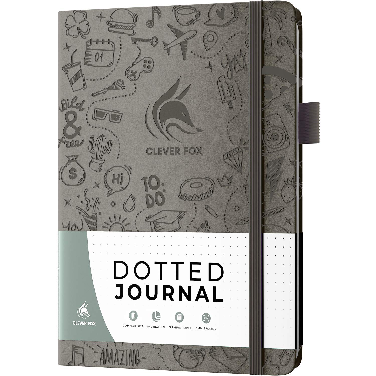 Clever Fox Dotted Journal 2.0 – Compact Planning and Sketching Dot Grid Notebook 120 GSM Thick, No-Bleed Paper – Planner with Pen Loop, Pocket, Ribbons, Stickers A5 - Gray
