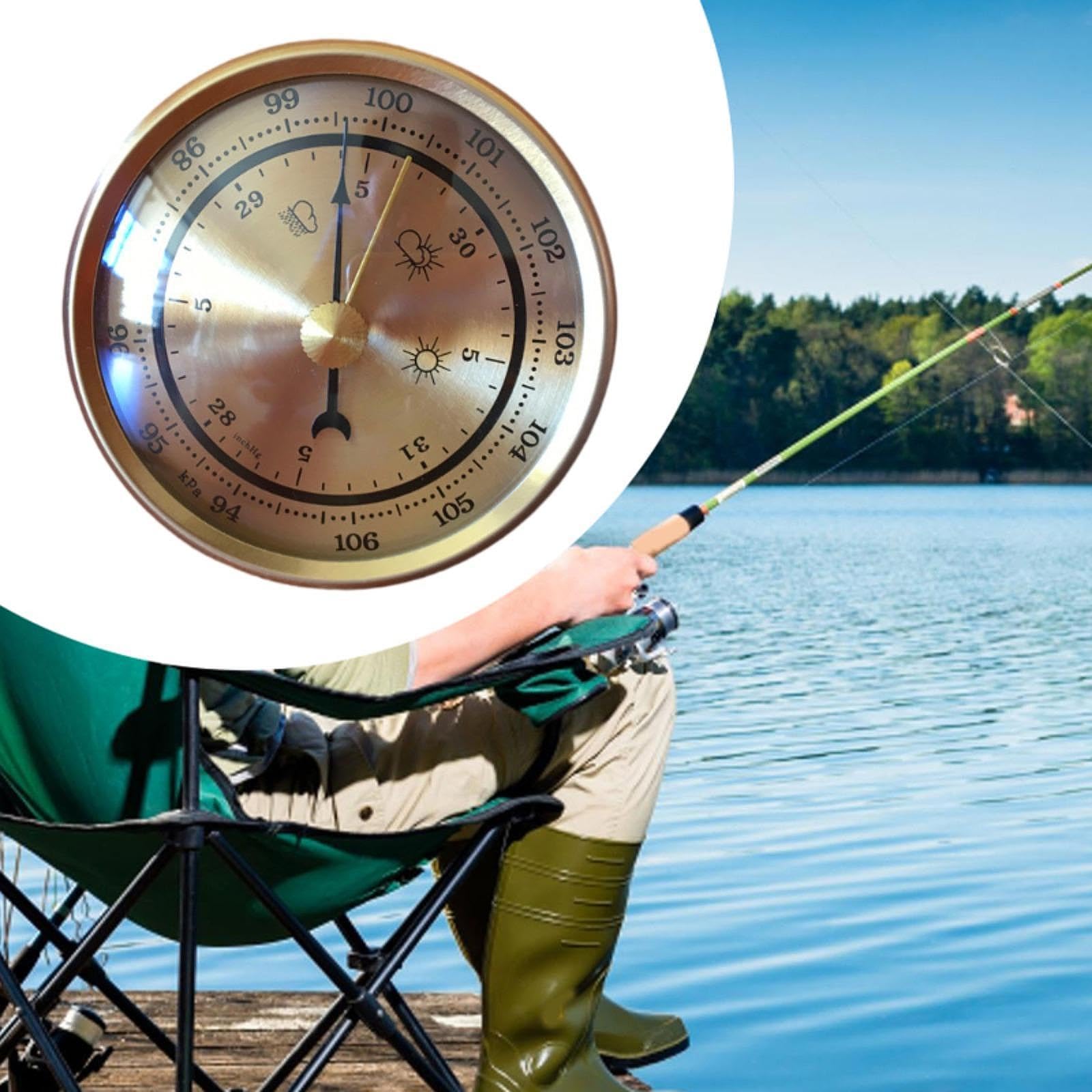 Harilla Barómetro de Pesca, Herramienta Meteorológica Profesional de Metal para Exteriores, Fácil de Usar, Portátil, Dorado, Accesorio de Pesca