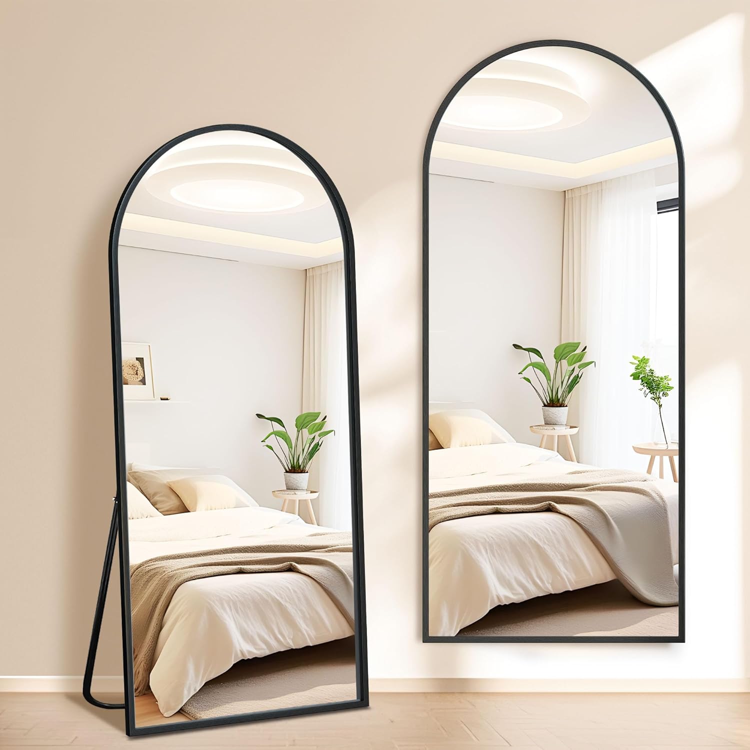 Arched Full Length Mirror with Stand, 64"x21" Full Body Mirror Standing Hanging or Leaning Wall, Arch Wall Mirror with Aluminum Alloy Thin Frame for Bedroom Living Room Black