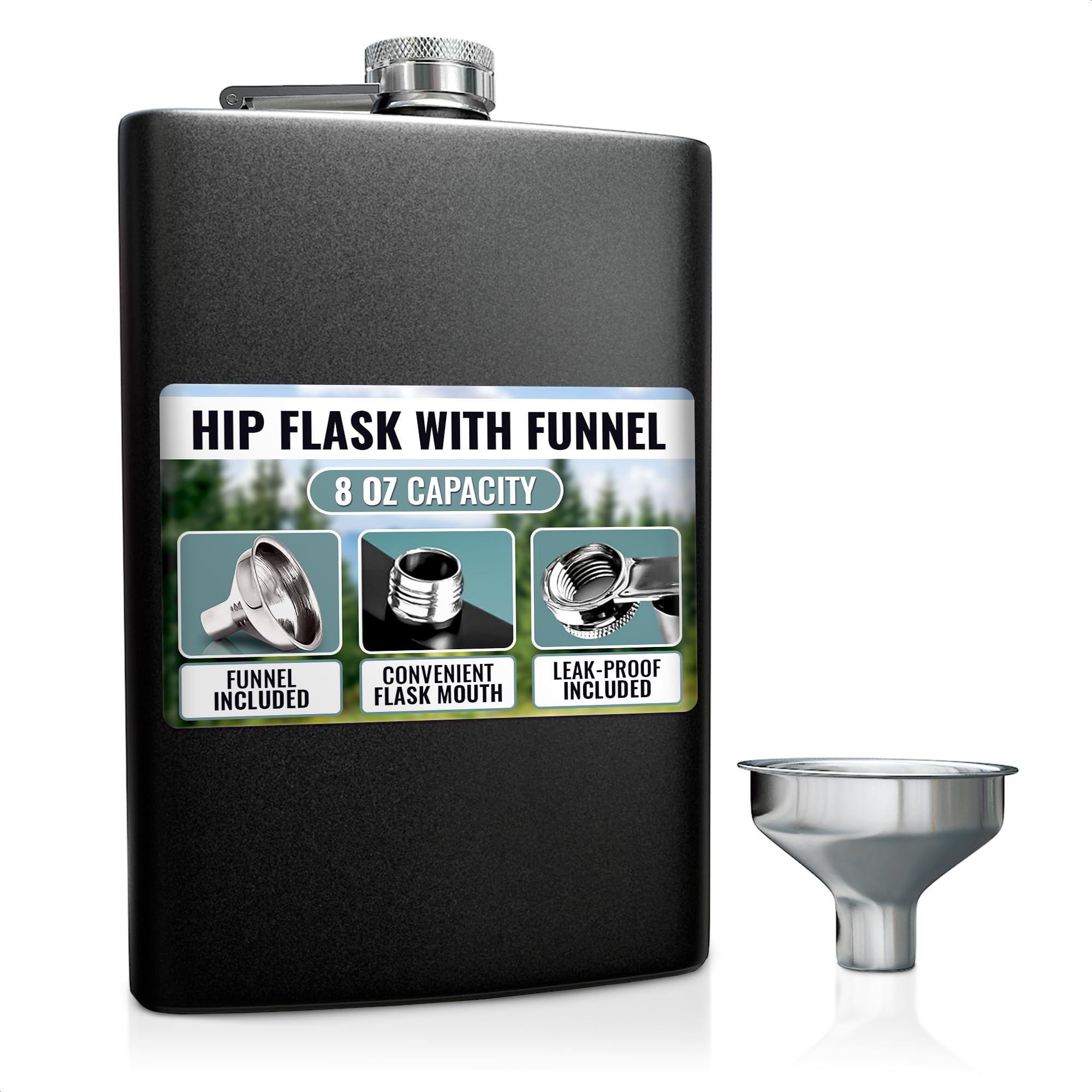 Hip Flasks for Liquor Matte Black - 8oz Stainless Steel Flasks for Liquor for Women Vodka Alcohol Flask for Men Whiskey - Leak Proof Drinking Funnel
