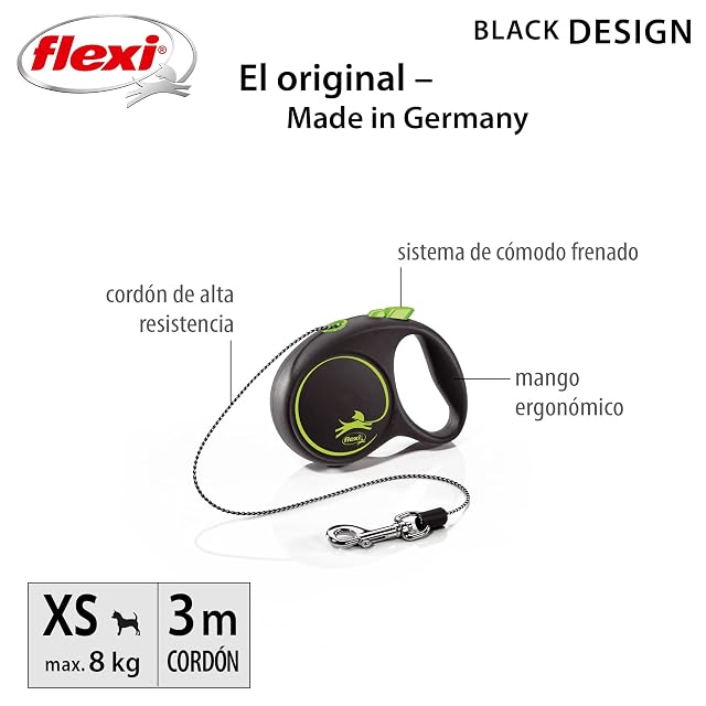 Foto 2 de 7 de flexi® Black Design XS Cordón 5 m Negro/Verde, Correa Extensible para Perros hasta máx. 8 kg