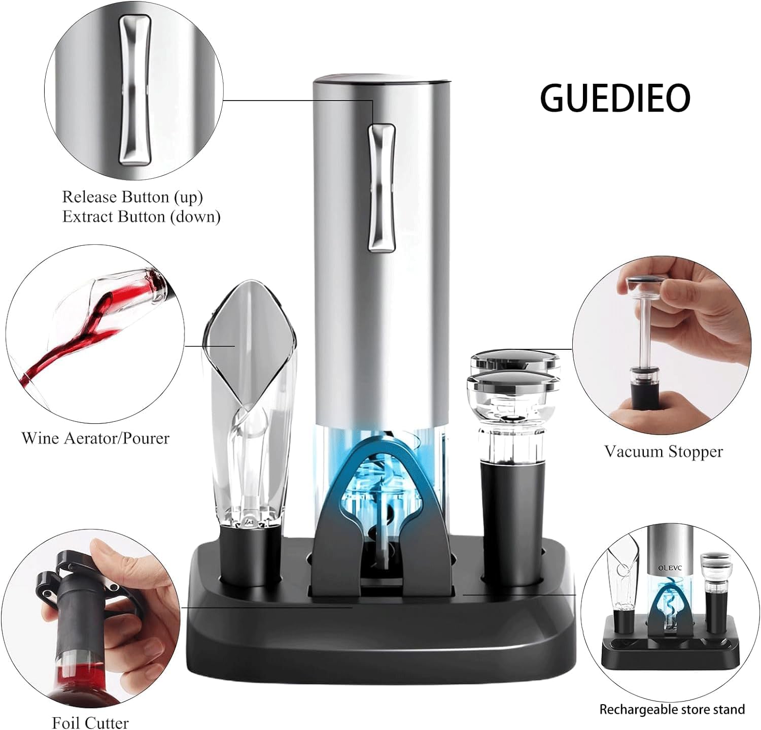 電動ワインオープナーセット 充電ベース付き 自動ワインボトルオープナー ホイルカッター付き 真空ストッパー2個 ワイン注ぎ口 収納ベ